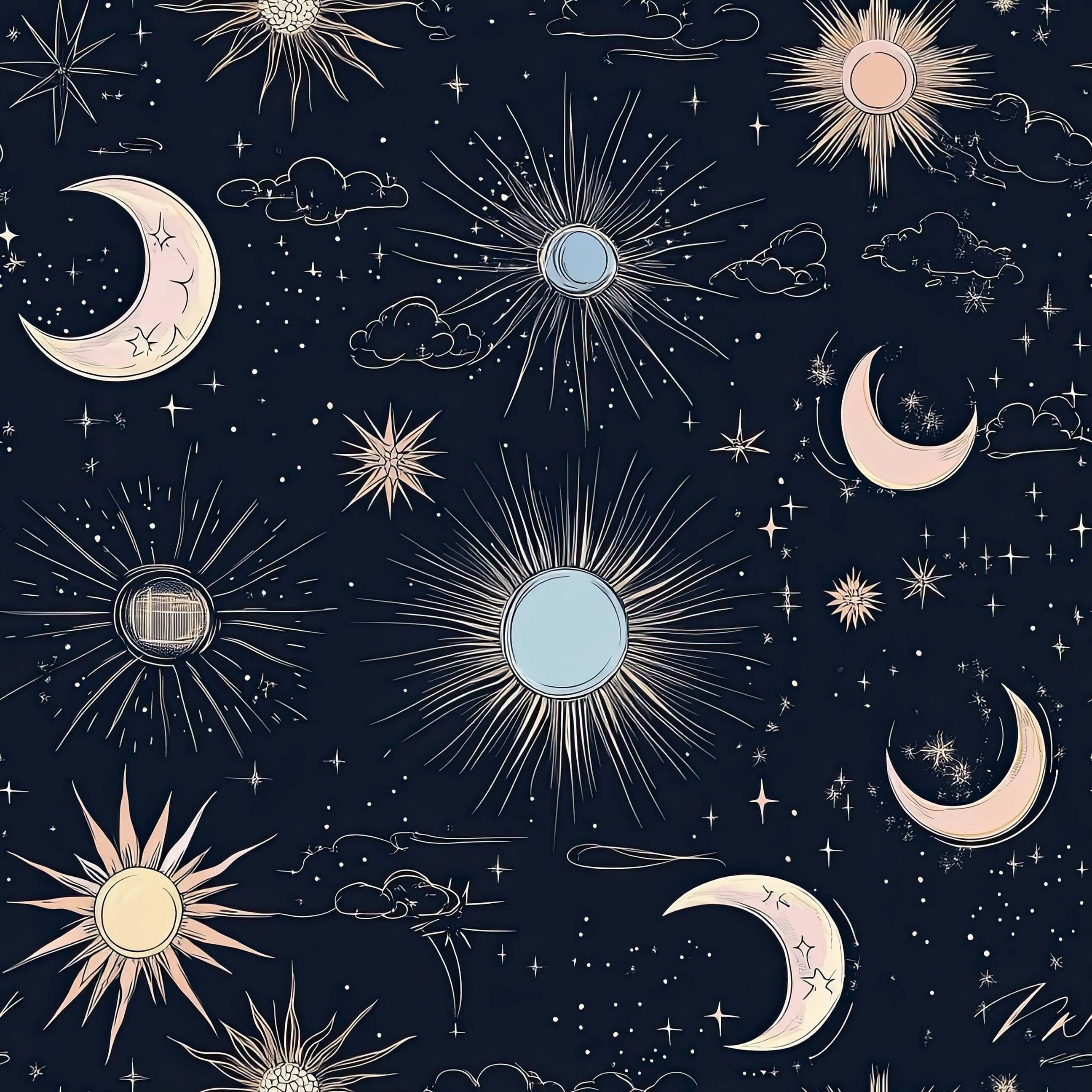 Night sky magic wallpaper with stars, moons, and suns on midnight blue, perfect for modern nursery or playroom design.