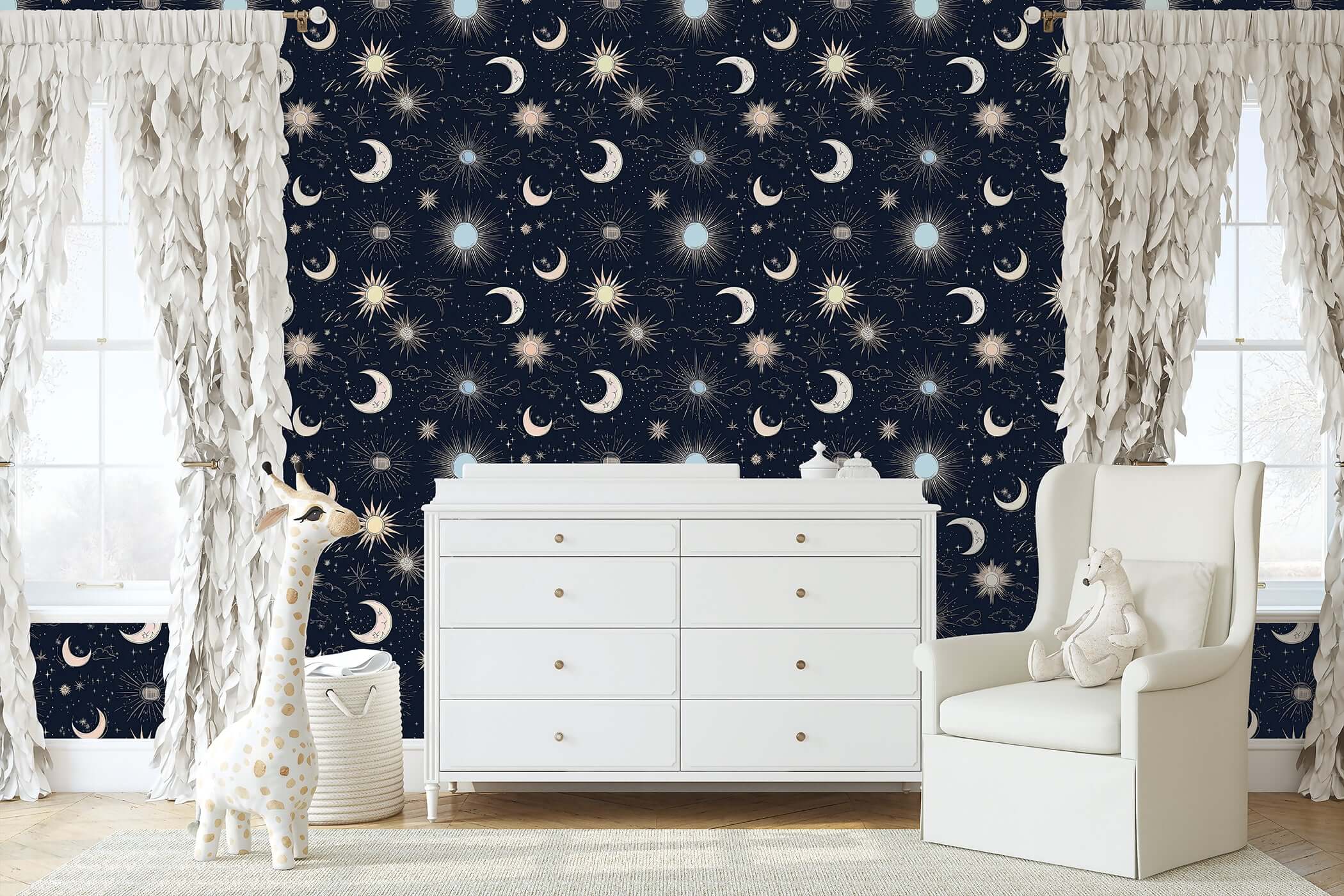 Night Sky Magic Wallpaper in nursery with stars, moons; modern design ideal for children's room or playroom, deep blue cosmic theme.