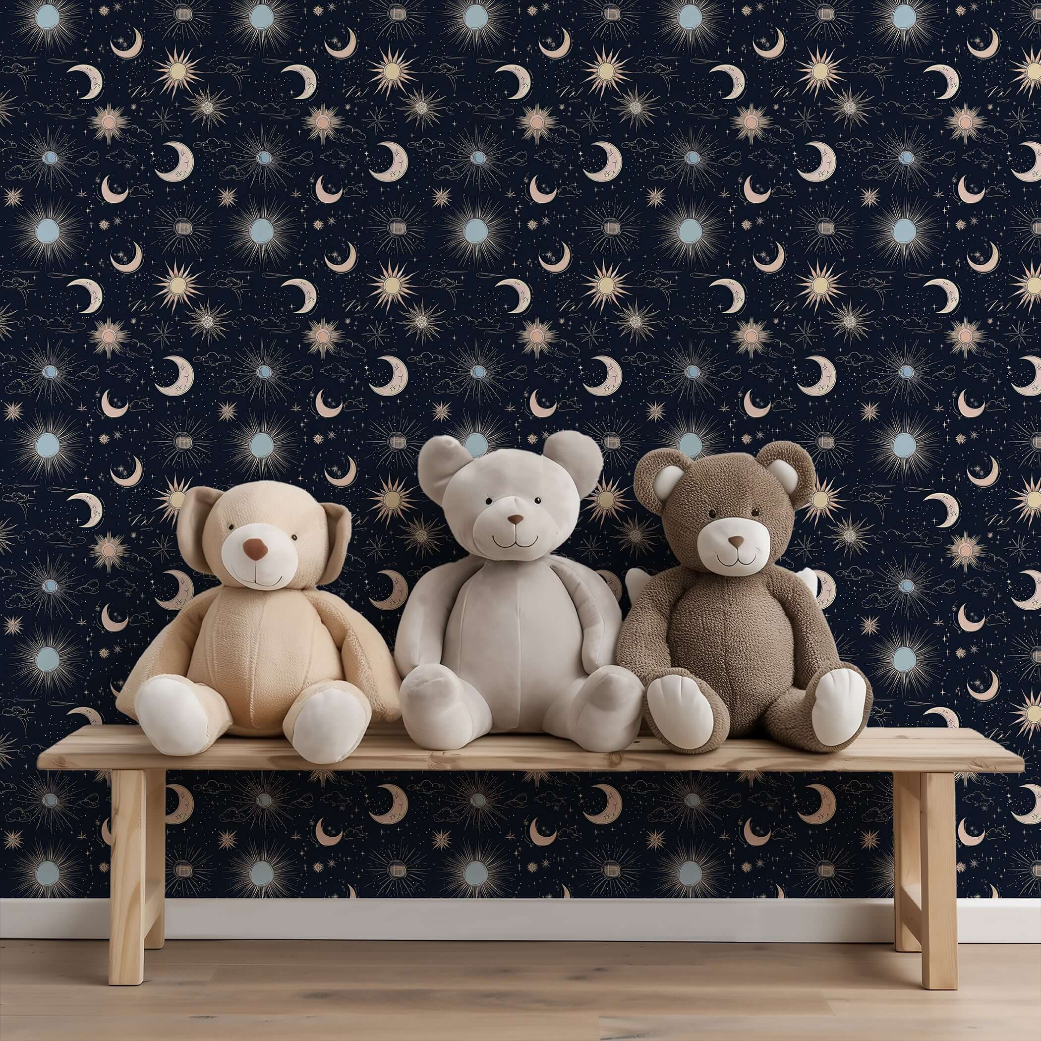 Night Sky Magic Wallpaper: moons, stars, suns on midnight blue with teddy bears; perfect for nursery, playroom, or kids' space.