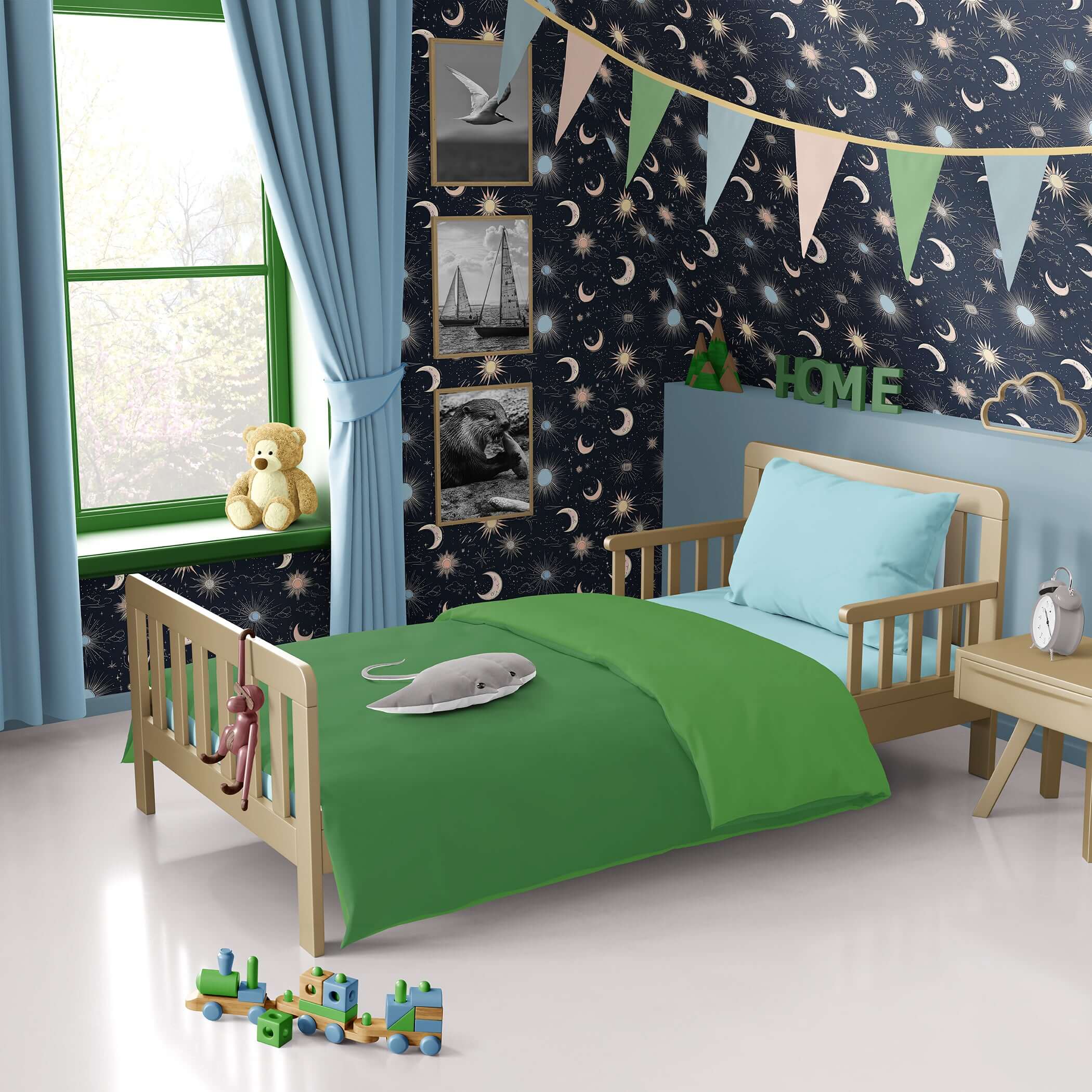 Cozy children's room with Night Sky Magic wallpaper, featuring suns, moons, and stars. Ideal for modern nurseries and playrooms.
