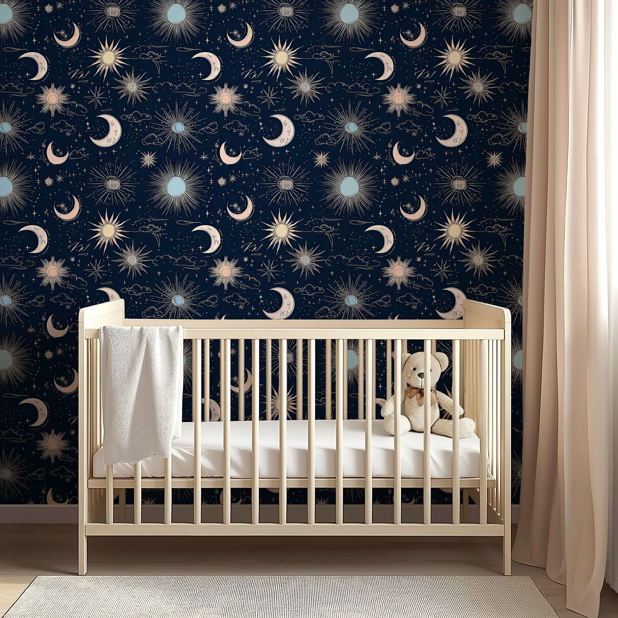 Night Sky Magic Wallpaper in nursery: moons, stars, and suns on midnight blue for a celestial baby room, modern and enchanting design.
