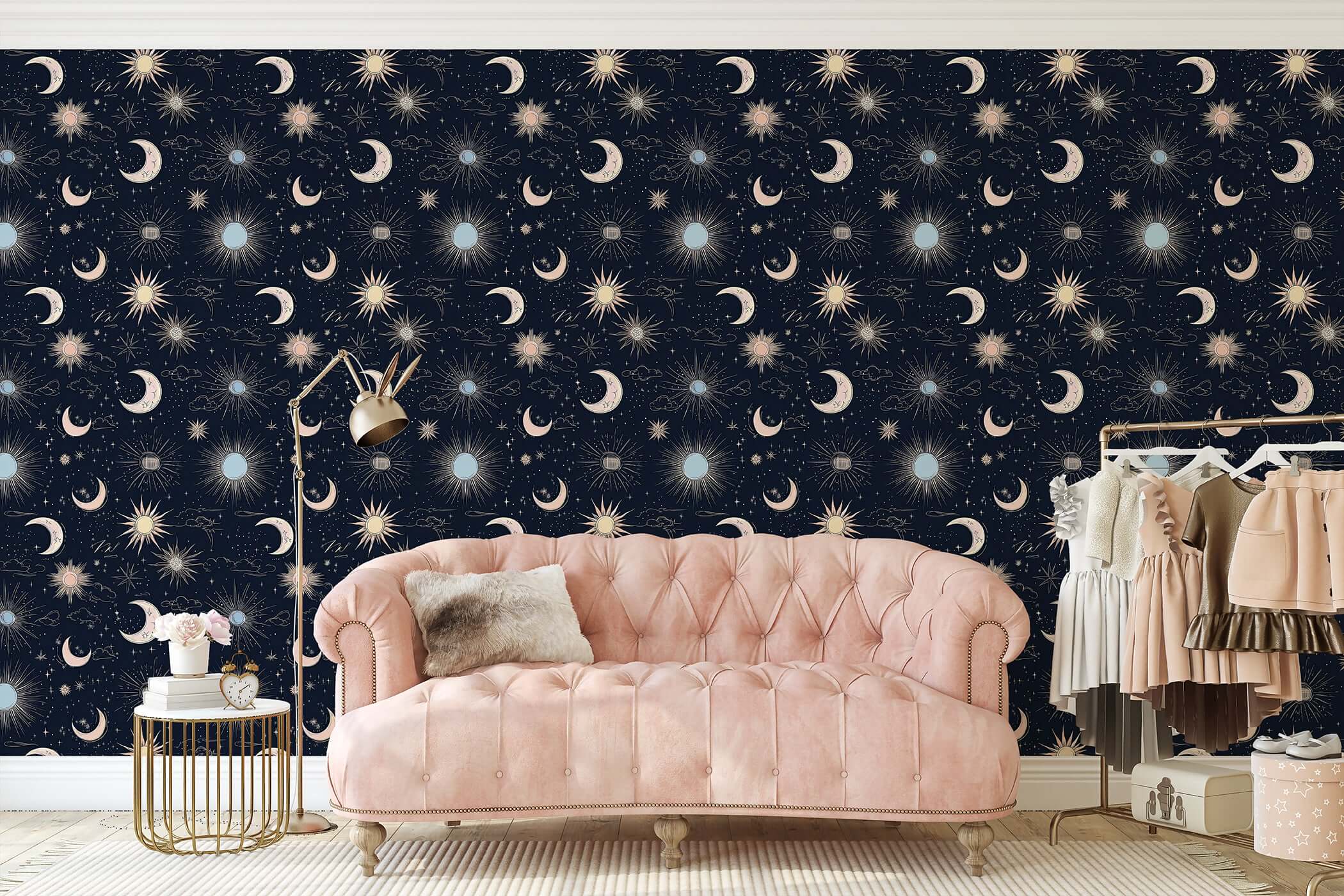 Elegant nursery with Night Sky Magic wallpaper featuring moons, stars, and suns, blending modern design with a celestial landscape.