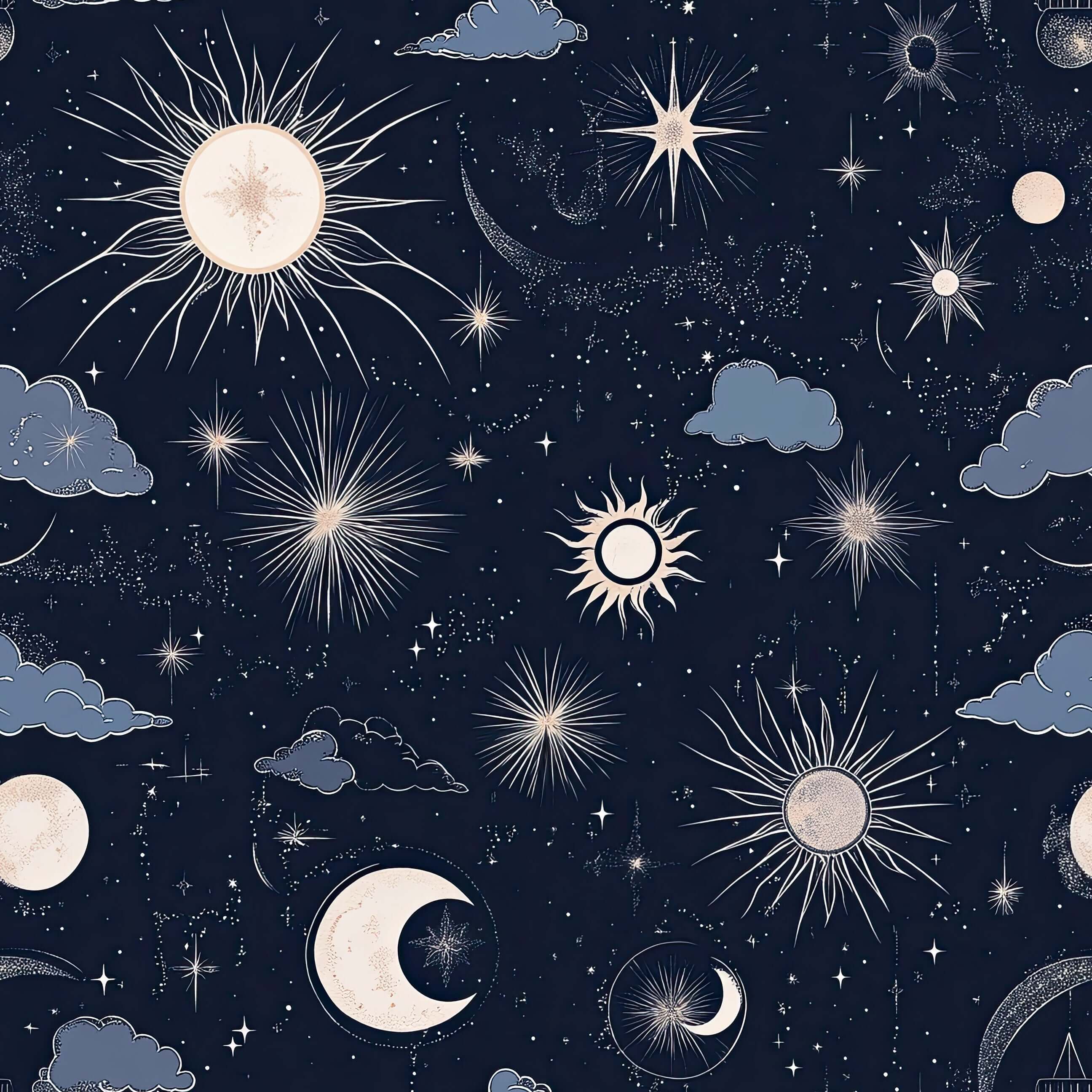 Celestial night sky wallpaper with moons, suns, and stars; perfect for nurseries, playrooms, and modern bedtime landscapes.