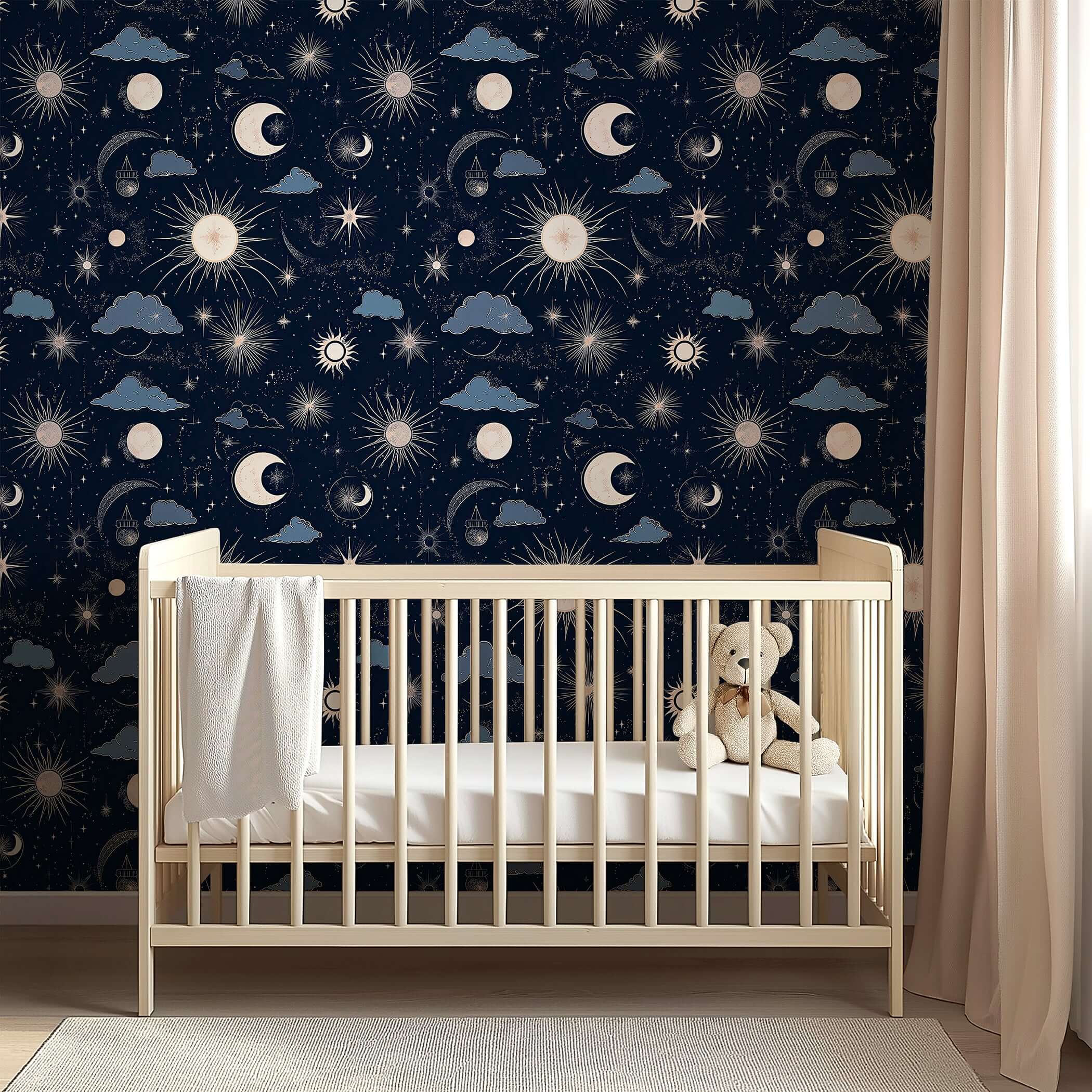 Crib in a nursery with Night and Lullaby wallpaper featuring night sky design with moons, suns, and stars, perfect for baby rooms.