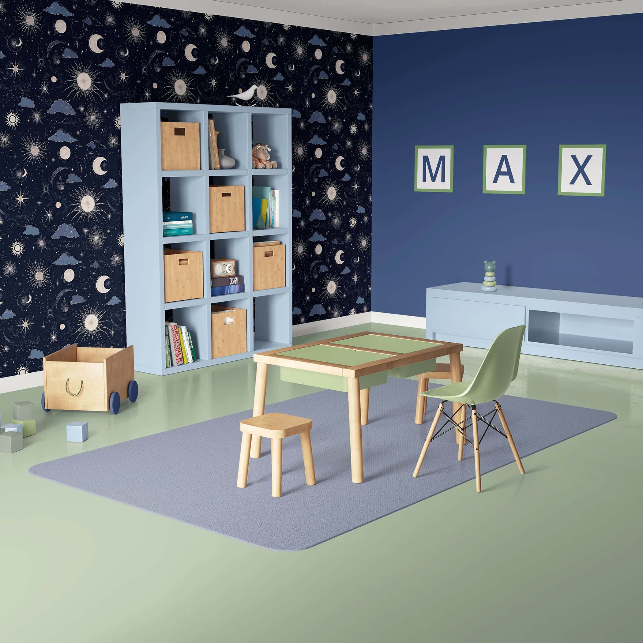 Modern playroom with "Night and Lullaby" wallpaper, featuring crescent moons and stars, green chair, shelves, and toys.