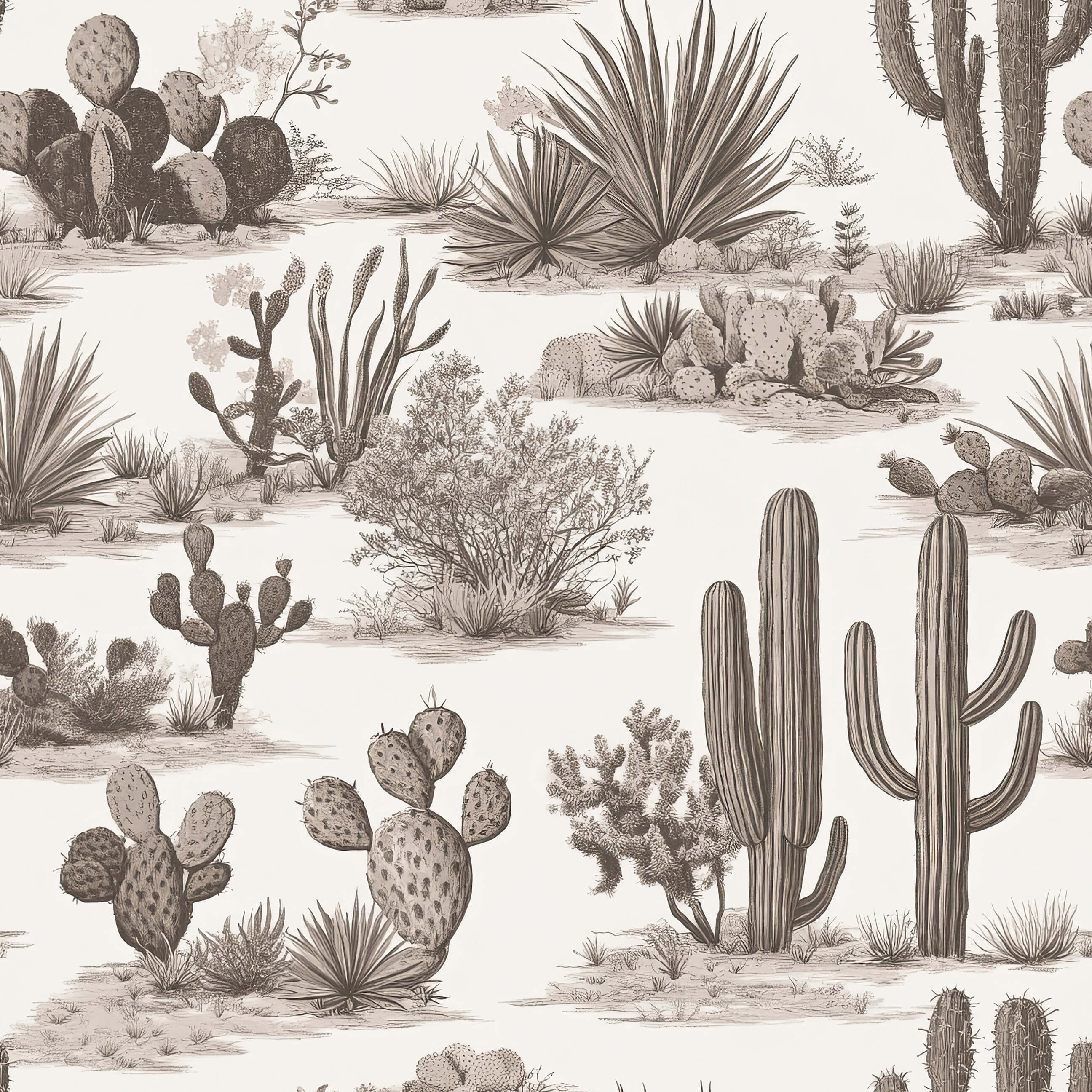 Elegant wallpaper featuring French toile patterns with cacti and desert landscapes in neutral tones, perfect for modern interiors.