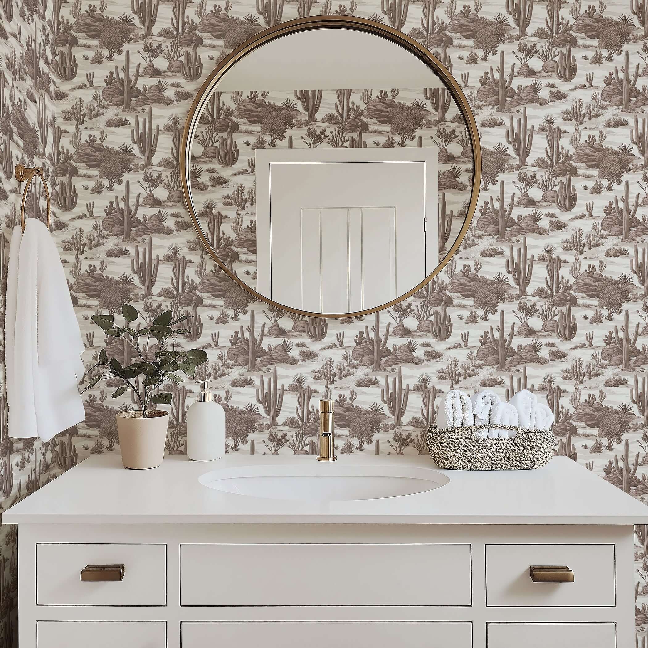 Bathroom with Desert Toile Elegance II Wallpaper featuring cacti in sepia tones, styled with modern decor. Keywords: toile, wallpaper.