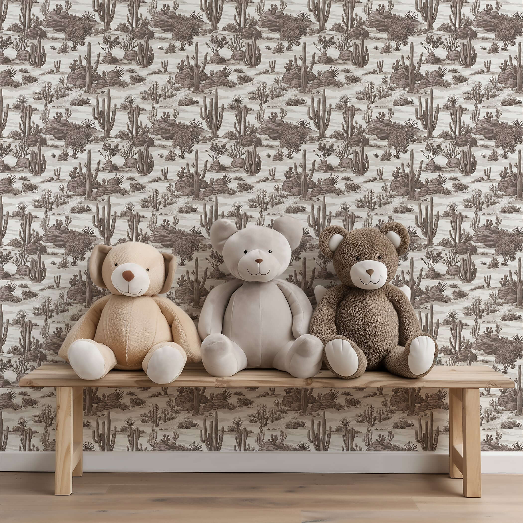 Desert Toile Elegance II wallpaper featuring a sepia toile pattern of cacti and desert plants, enhancing a rustic ambiance with teddy bears.