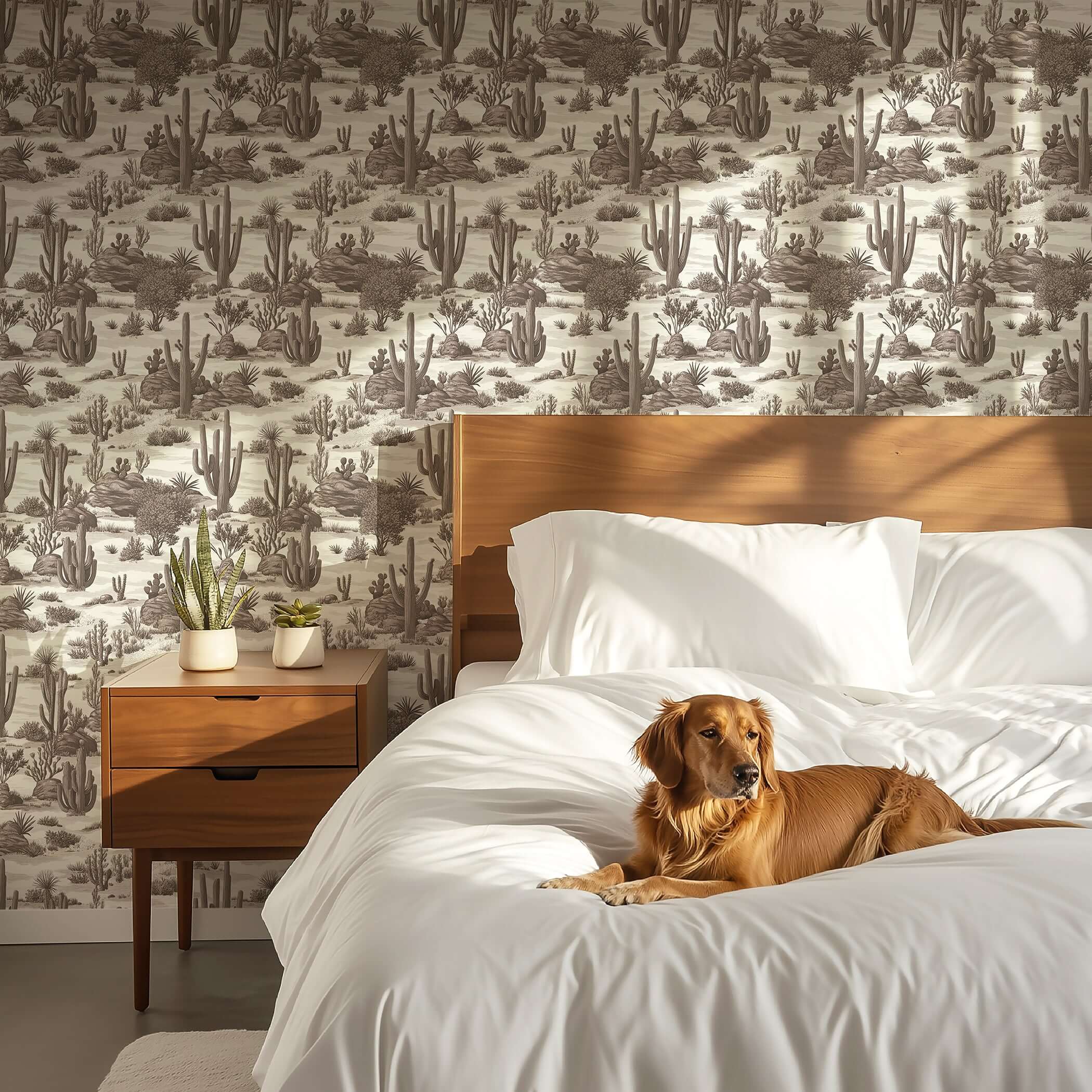 Elegant bedroom with Desert Toile Elegance II wallpaper featuring detailed cacti illustrations, creating a sophisticated landscape look.