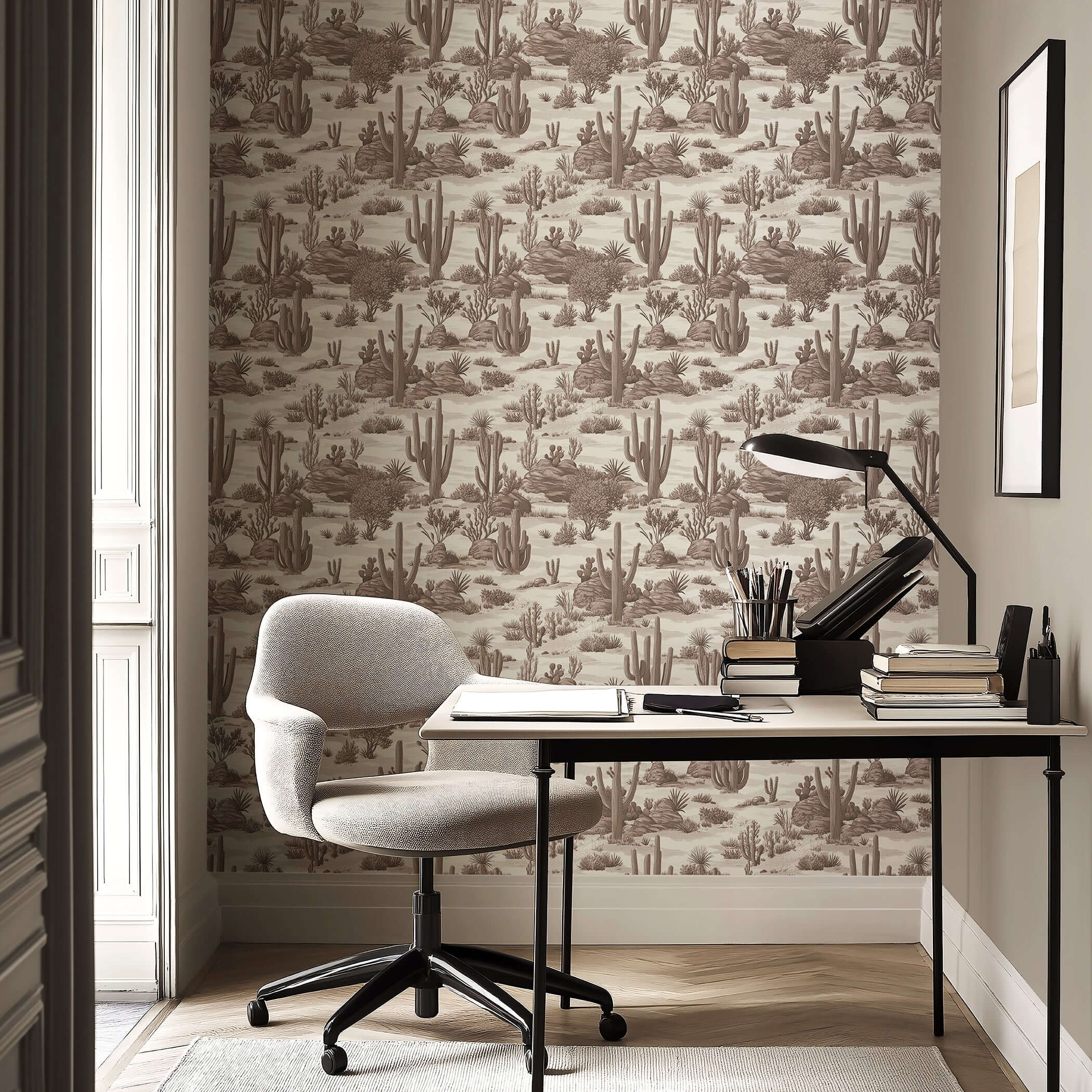 Elegant home office with Desert Toile Elegance II wallpaper featuring sepia-toned cacti illustrations in a French toile pattern.