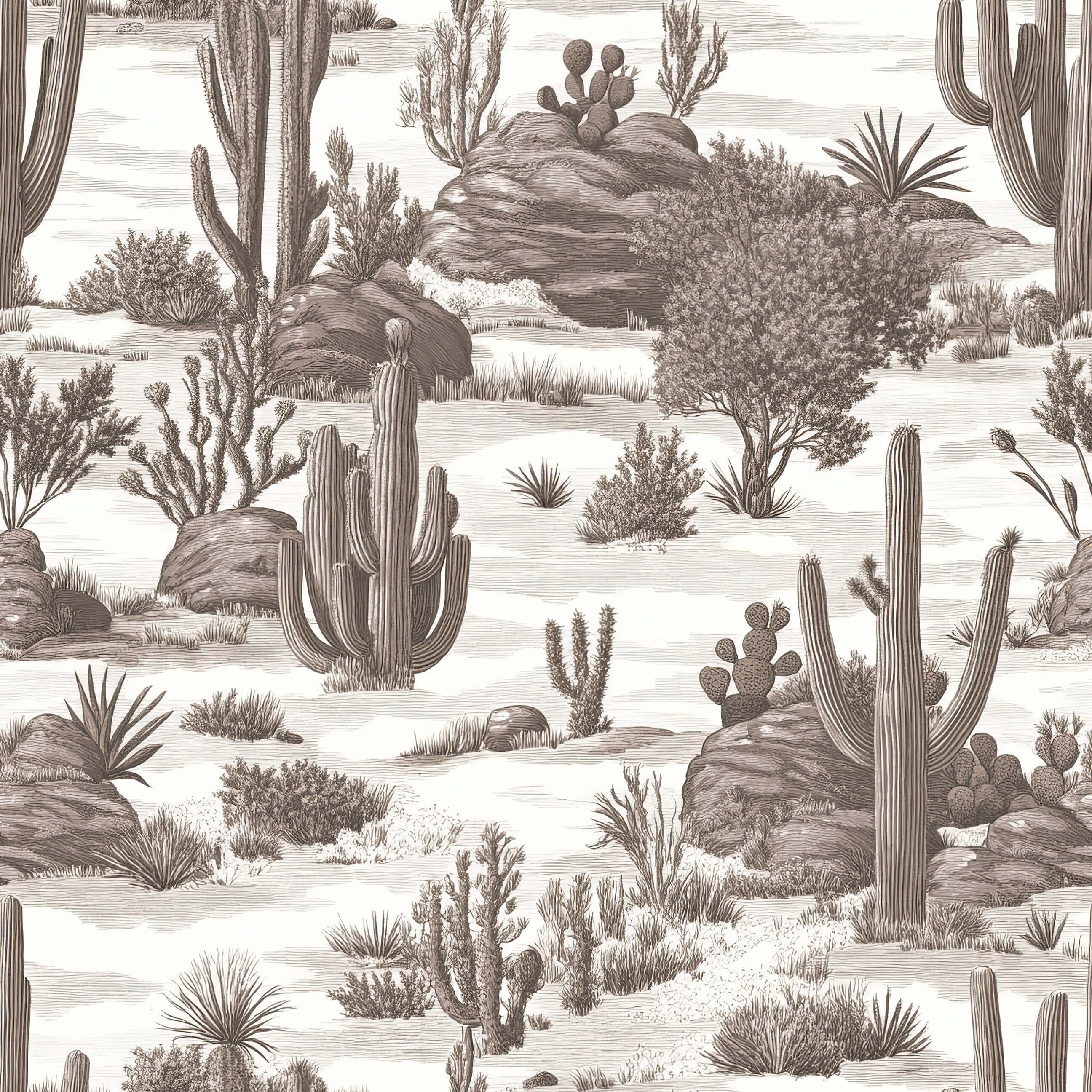 Elegant French toile wallpaper featuring detailed desert landscape with cacti, perfect for modern and rustic interior design themes.