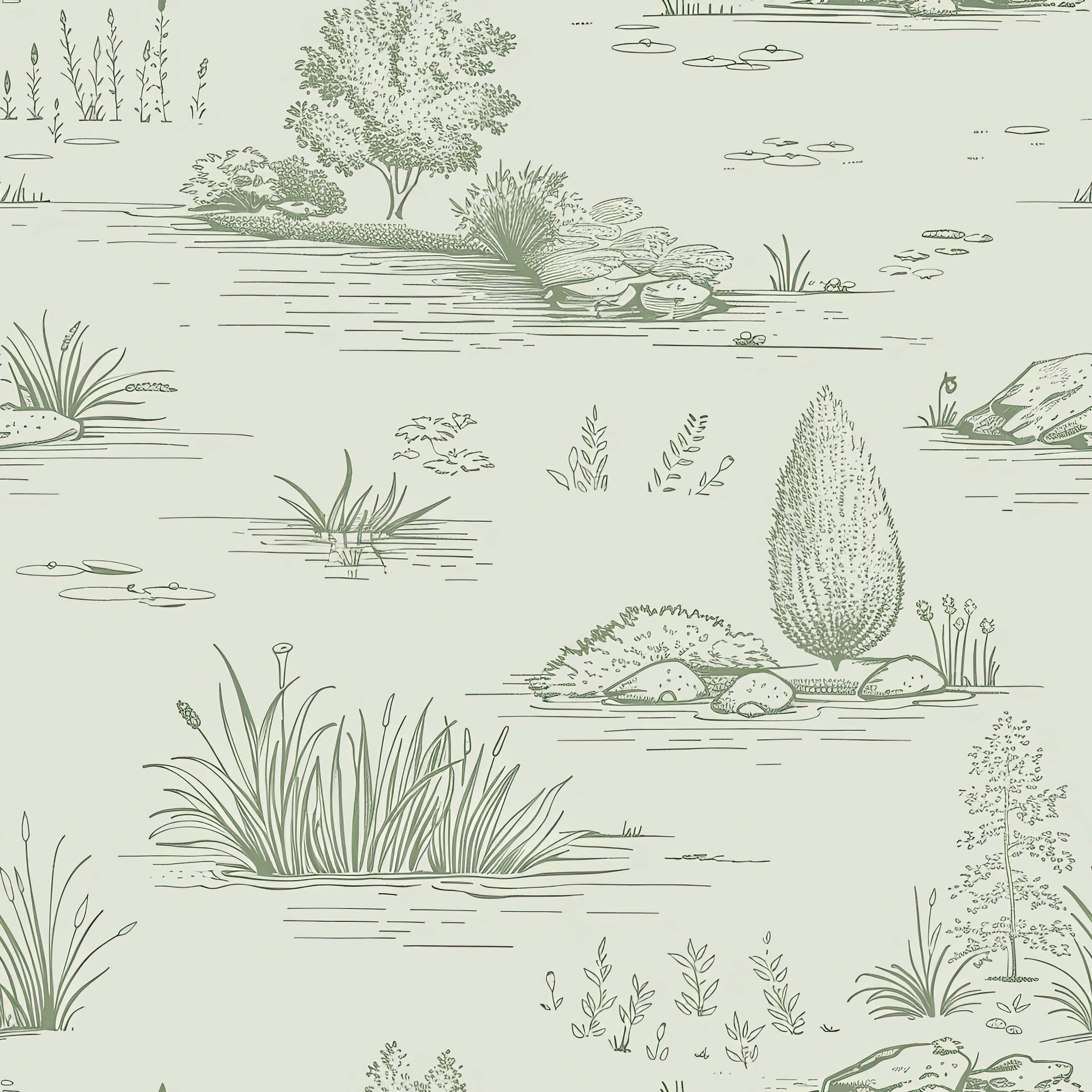 Toile-inspired wallpaper depicting green reeds and lily pads in a peaceful wetland scene, perfect for elegant home decor.