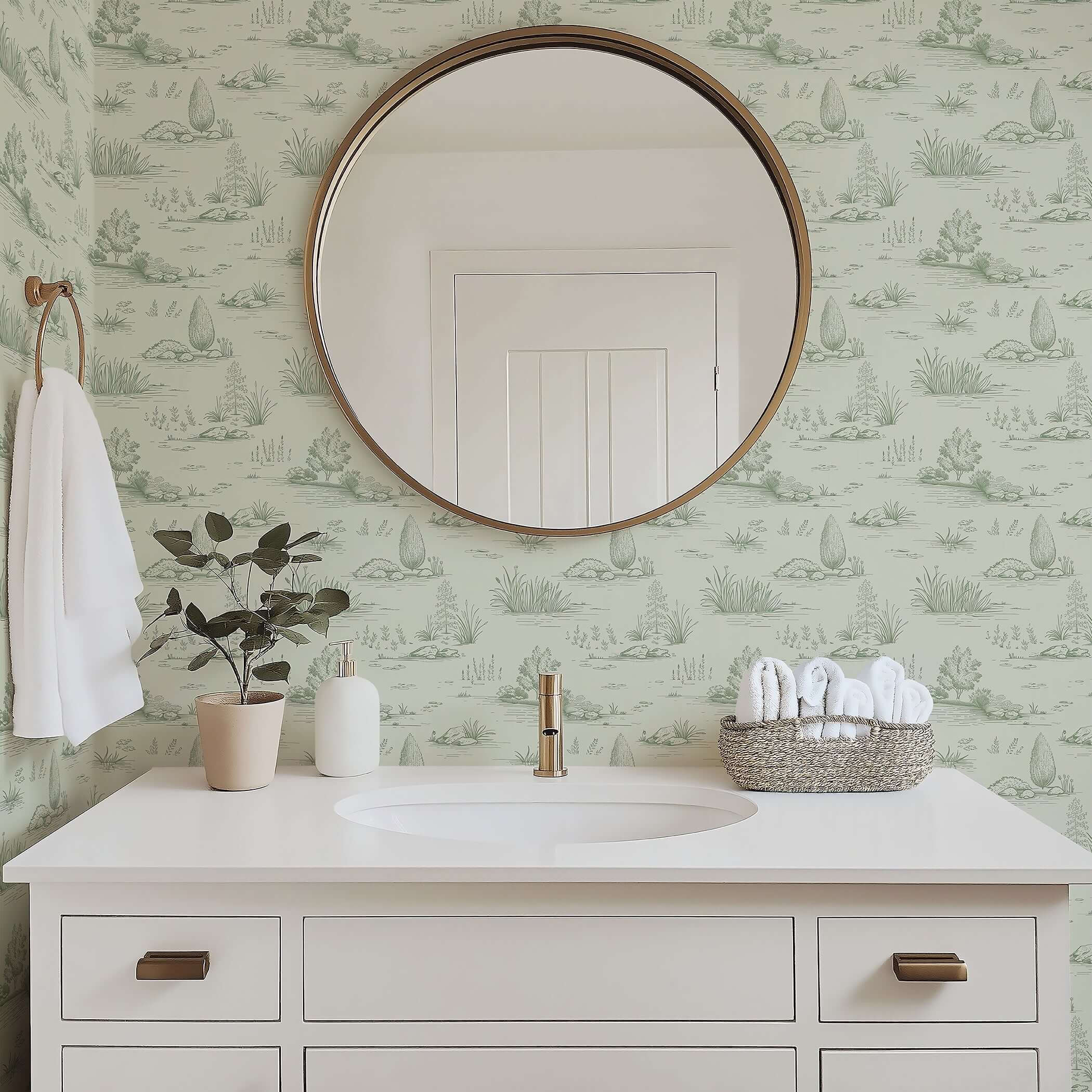 Bathroom with Botanical Water Meadow wallpaper featuring green reeds and lily pads, styled with French toile inspiration.