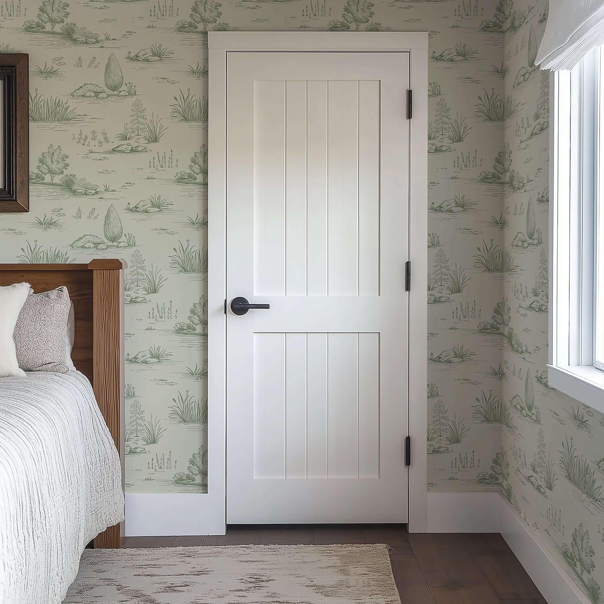 Classic French toile wallpaper with green botanical water meadow design in a cozy bedroom setting, enhancing sophistication.