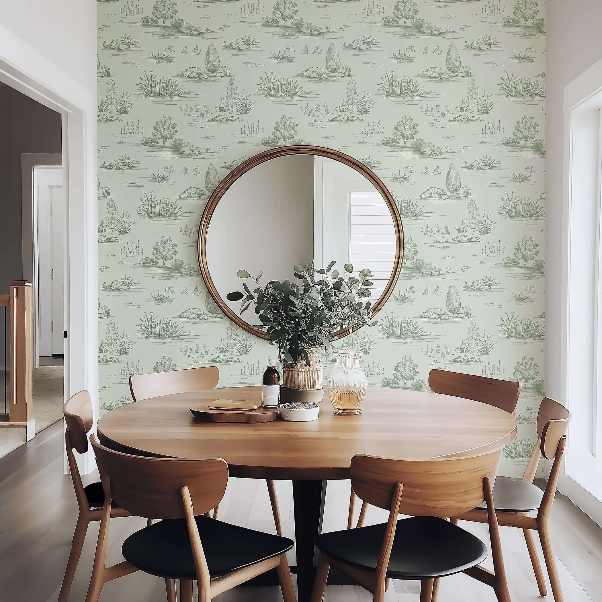 Dining room with green French toile wallpaper featuring reeds and lily pads, enhancing the space's elegance and sophistication.