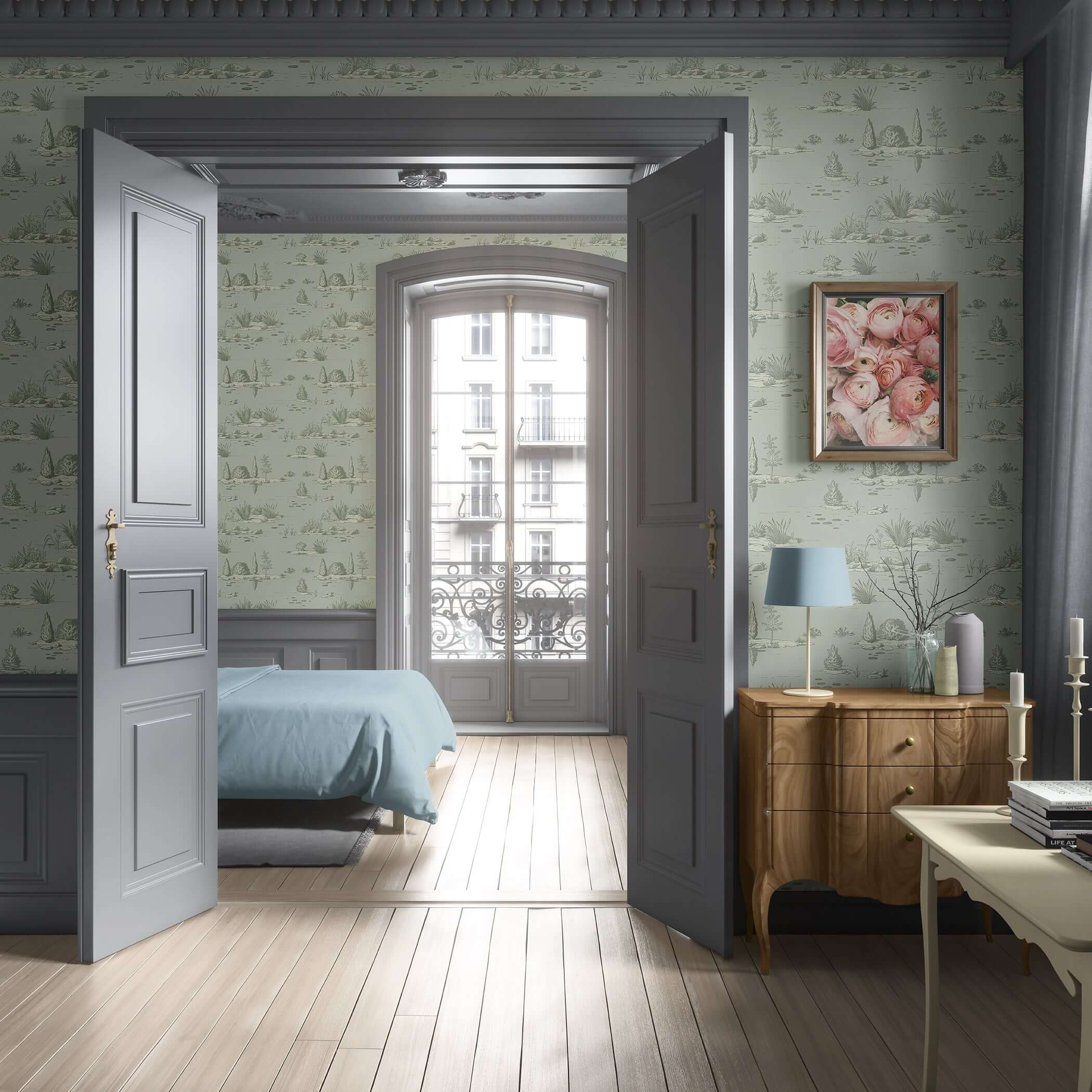Elegant bedroom featuring Reflections of Nature wallpaper, showcasing a sage green toile landscape with calm waters and plants.