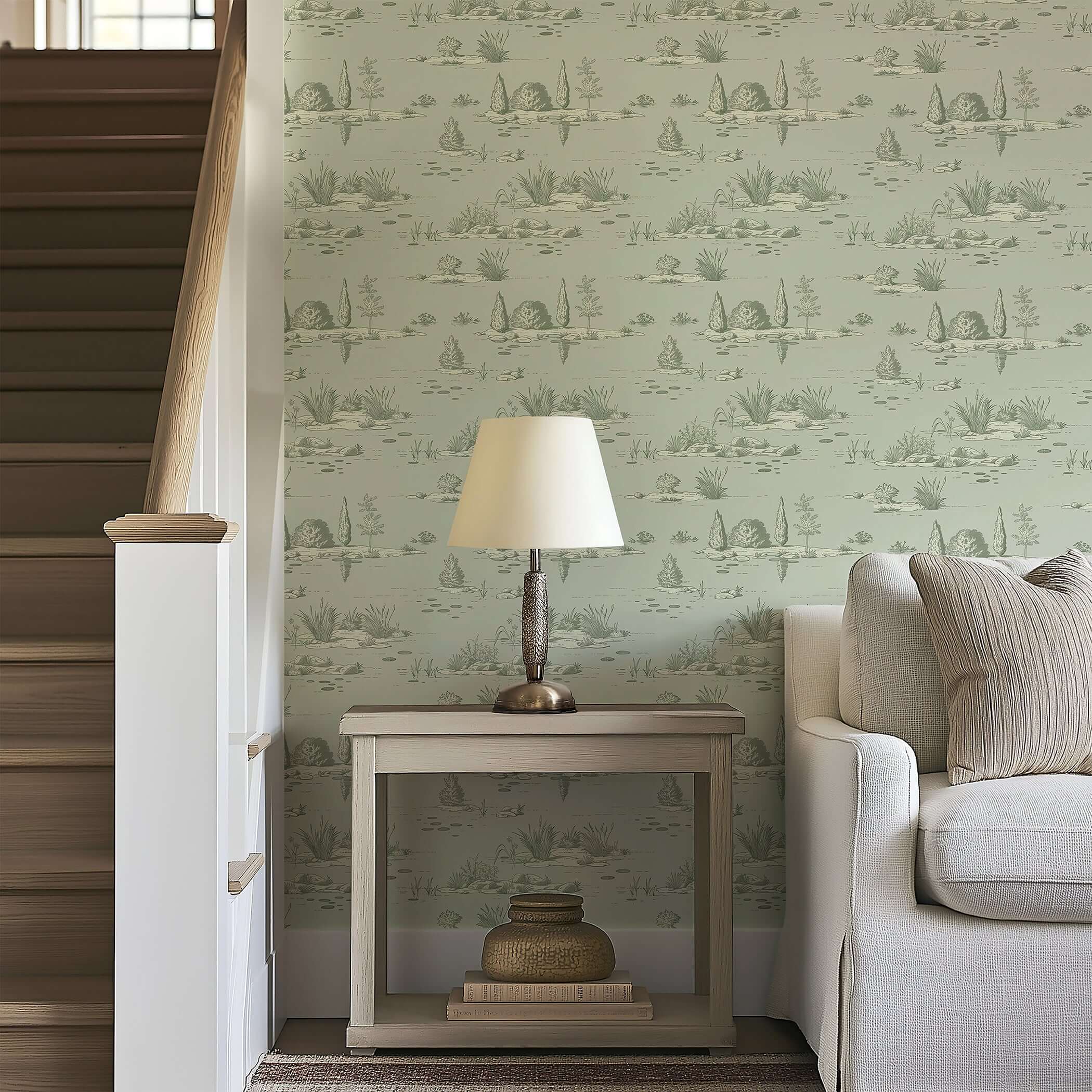 Sage green French toile-style wallpaper with pondside plants and water motifs, enhancing a serene living room space.