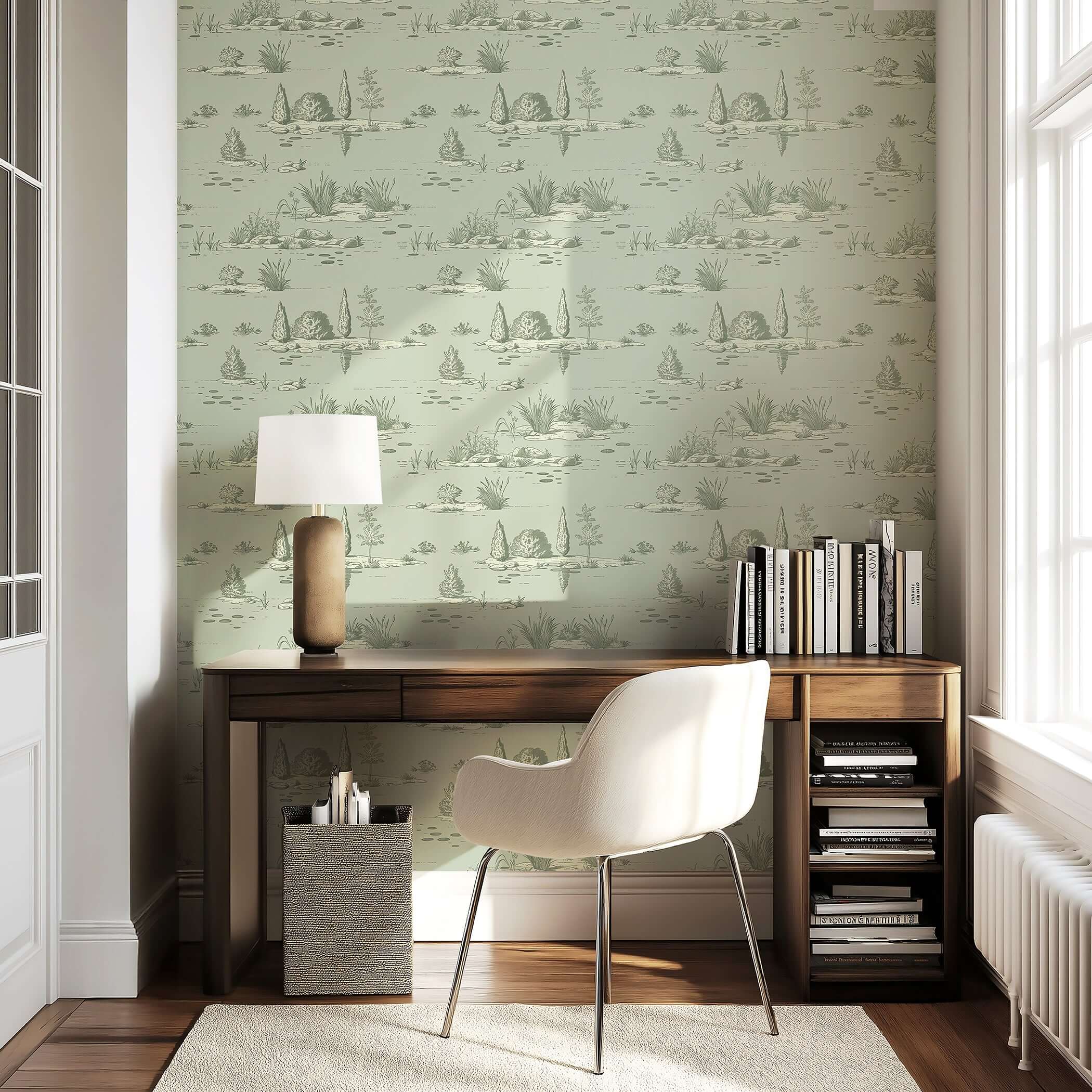 Elegant french toile wallpaper with tranquil pondside plants and tree reflections in sage green, enhancing a peaceful home office.