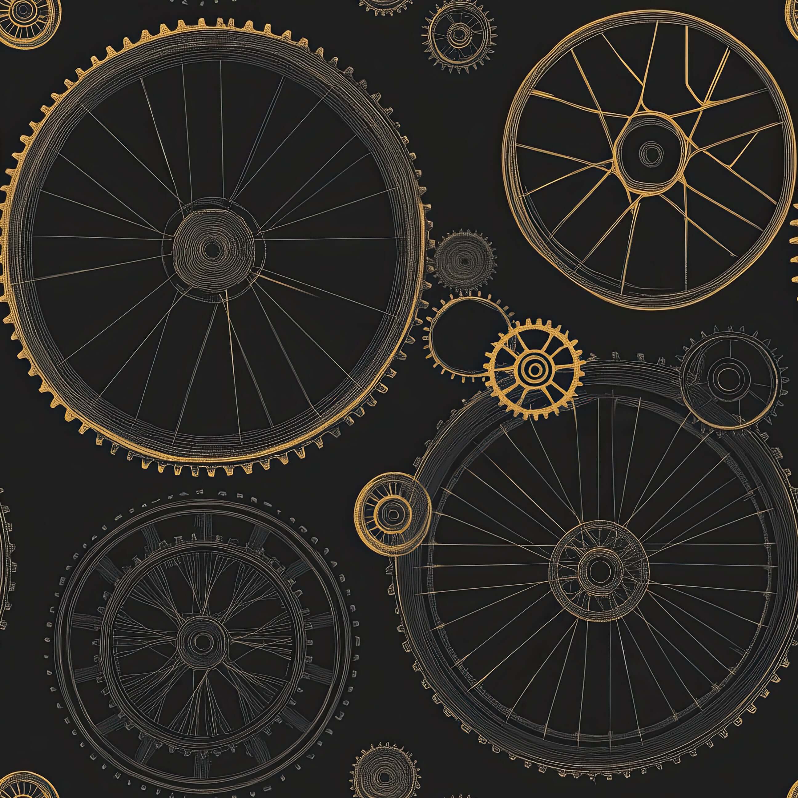 Vintage Gearworks Wallpaper with geometric clockwork wheels in brass and dark charcoal, perfect for modern design lovers.