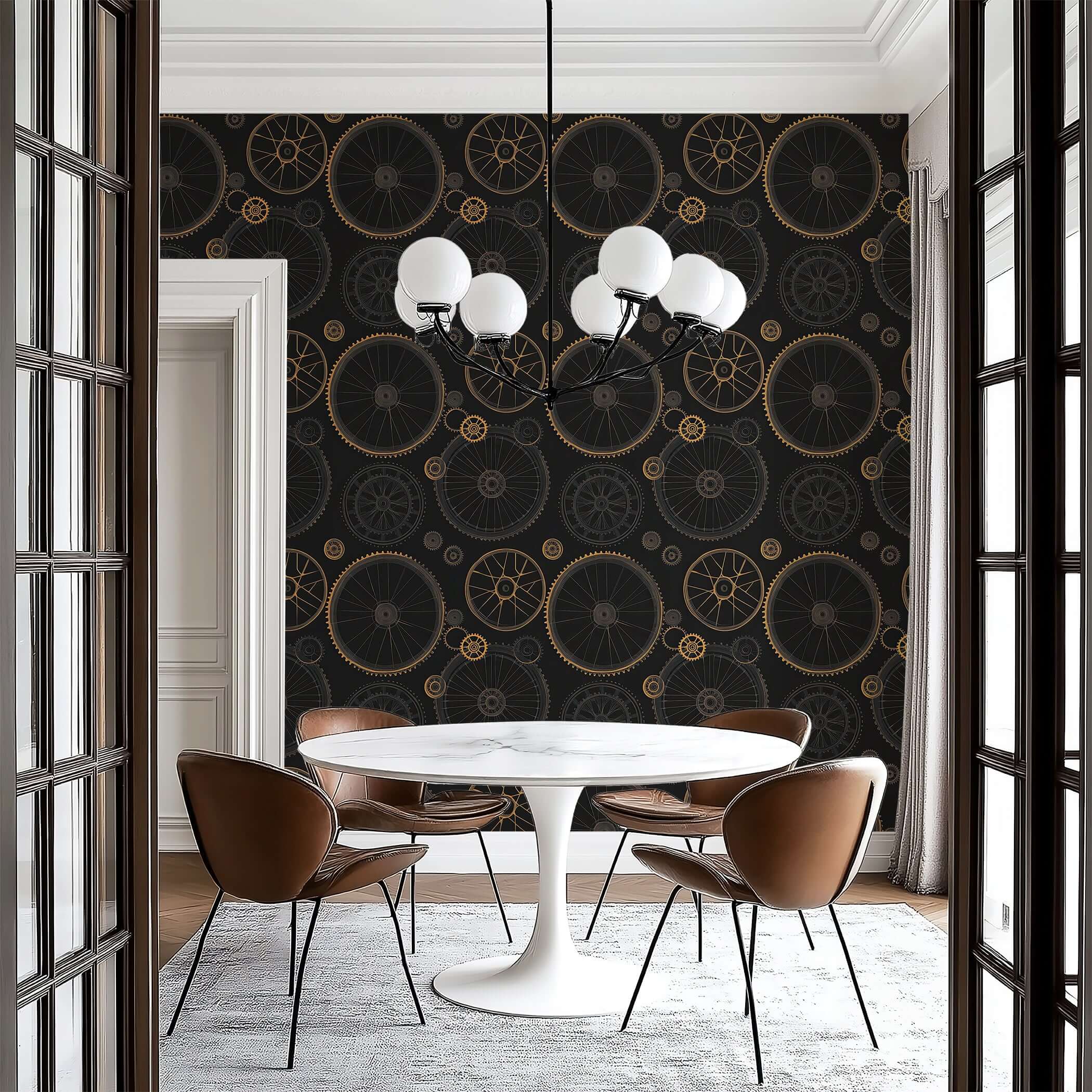Vintage Gearworks wallpaper featuring brass and charcoal clockwork gears, ideal for modern design with wheels and geometric elements.