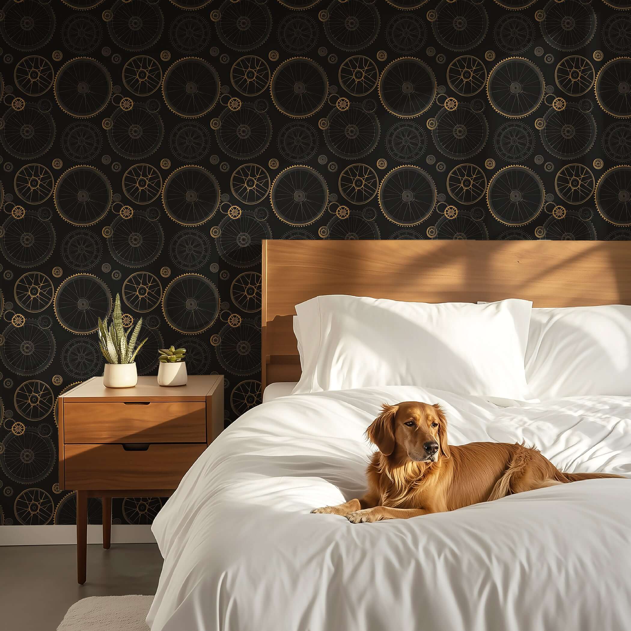 Modern design wallpaper featuring brass and charcoal gear wheels adds industrial charm behind a bed with a relaxed dog.