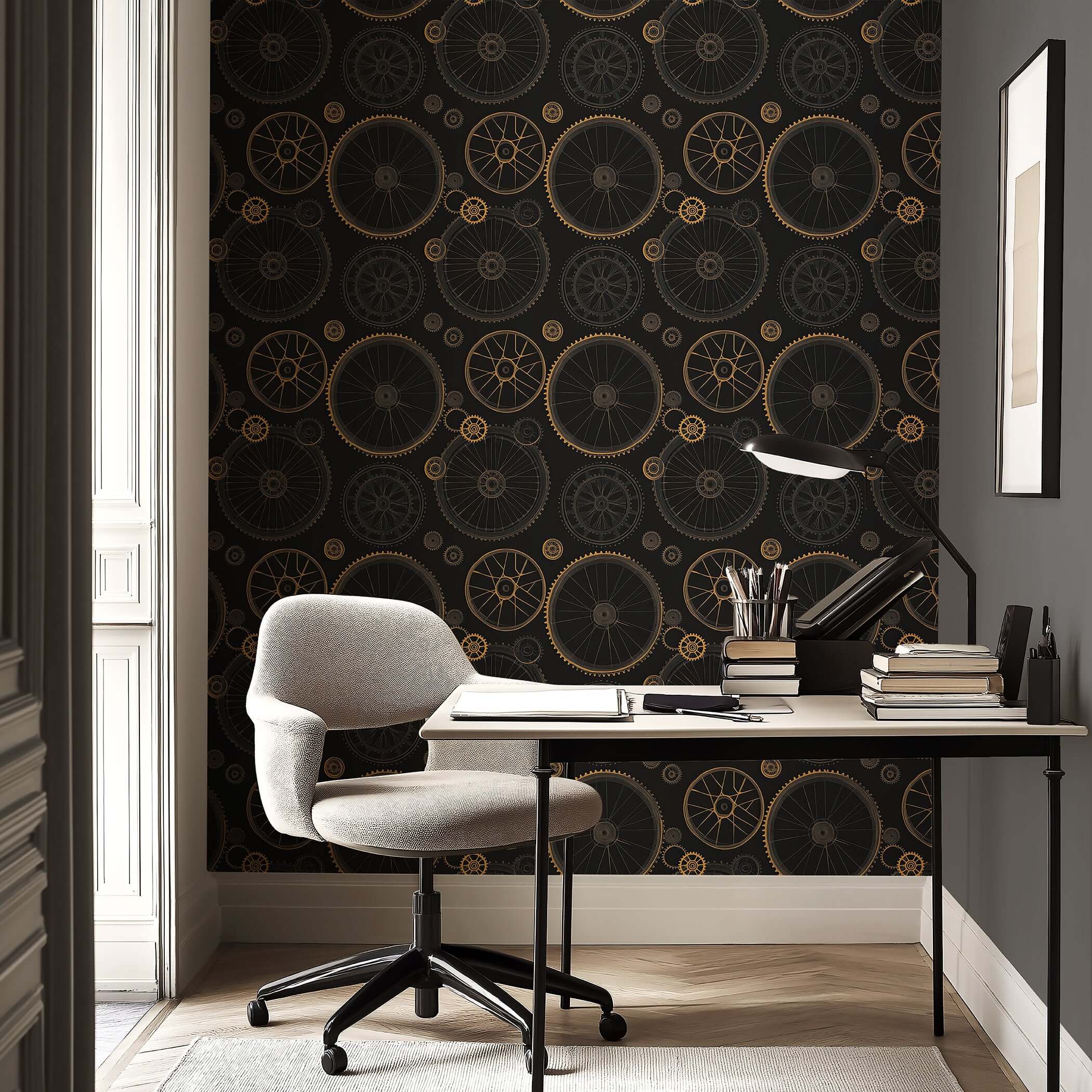 Industrial wallpaper featuring brass gears on dark charcoal, perfect for steampunk-style accent walls. Keywords: wheels, geometric design.