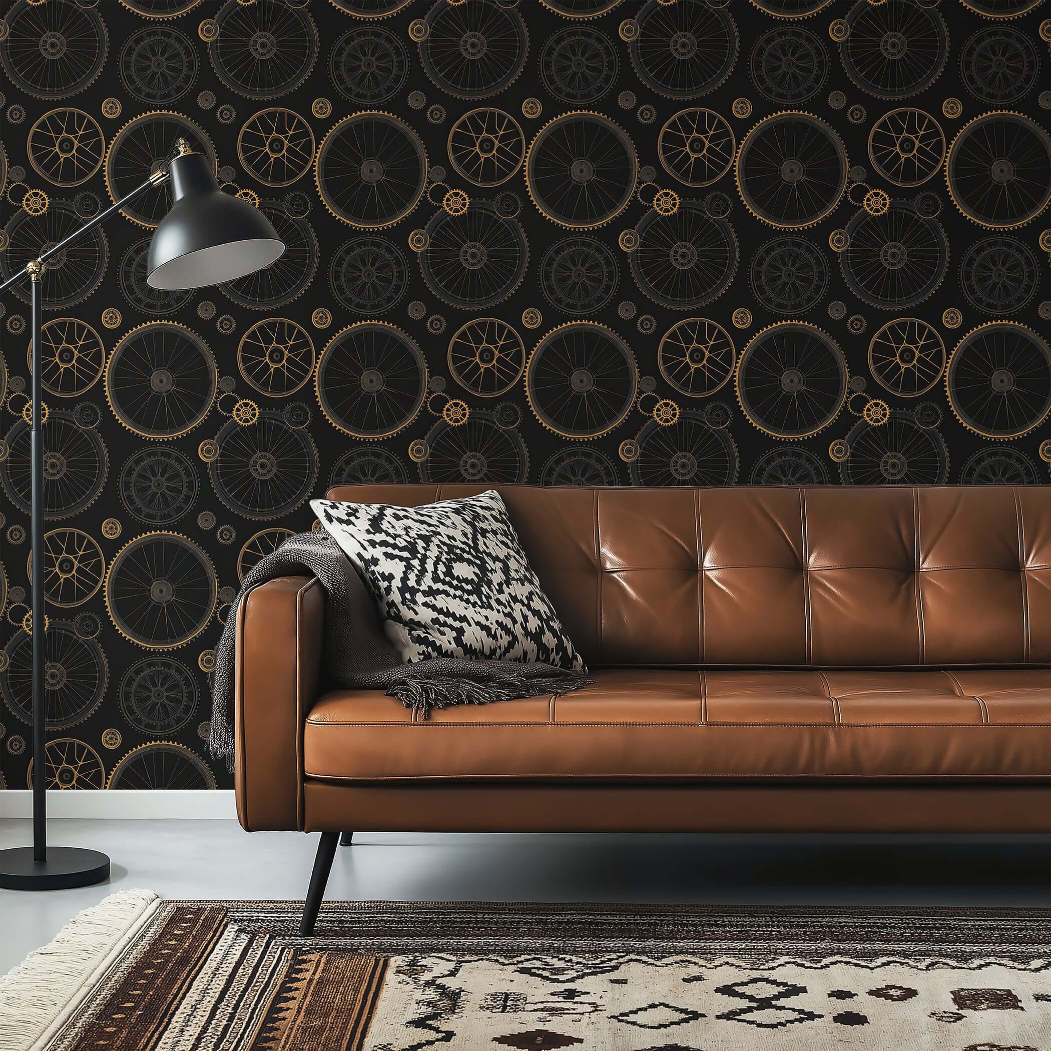 Vintage Gearworks wallpaper with brass gear patterns on charcoal background, featuring geometric design ideal for modern interior decor.
