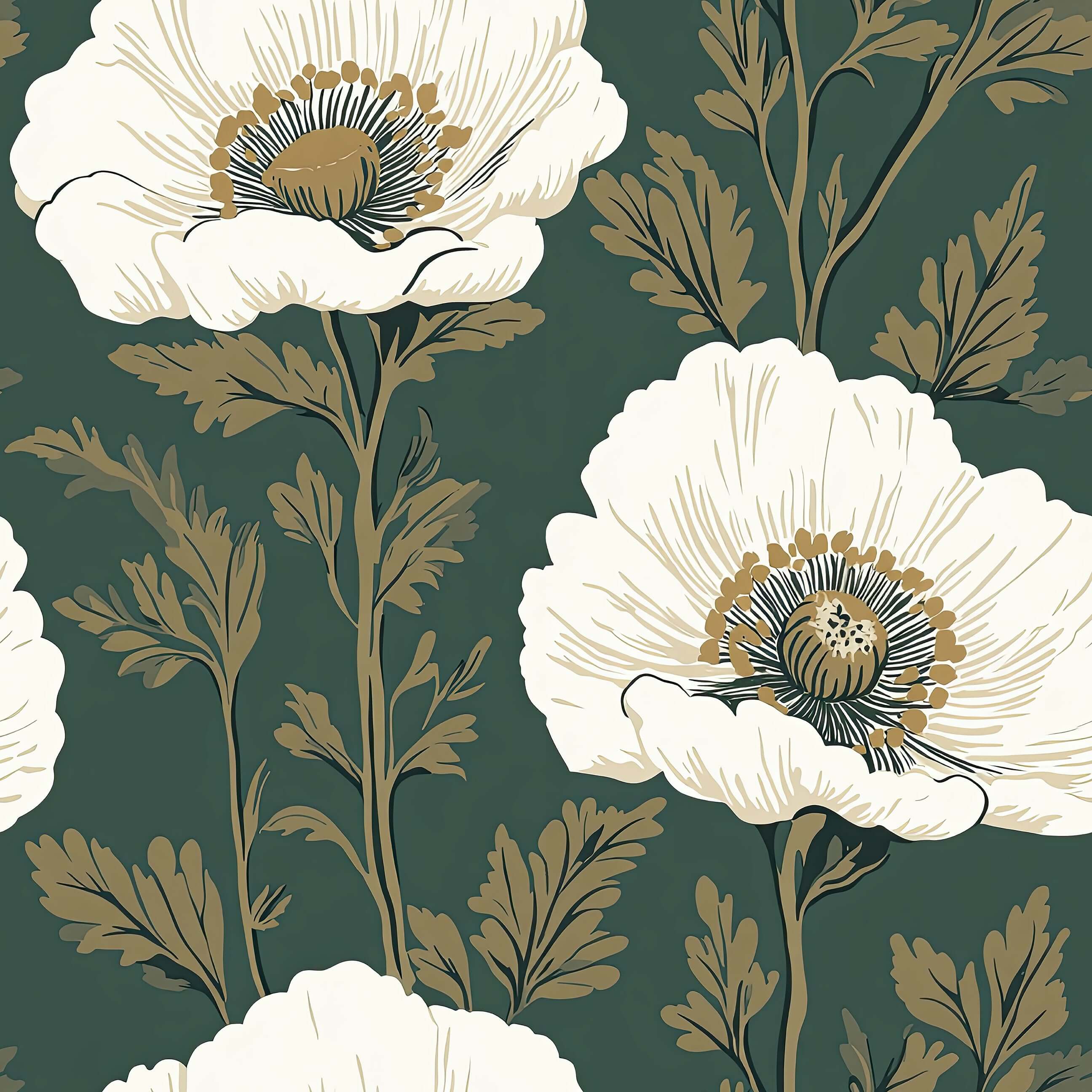 Vintage Poppy Charm wallpaper with ivory poppies and gold twigs on dark green, showcasing vintage botanical elegance.