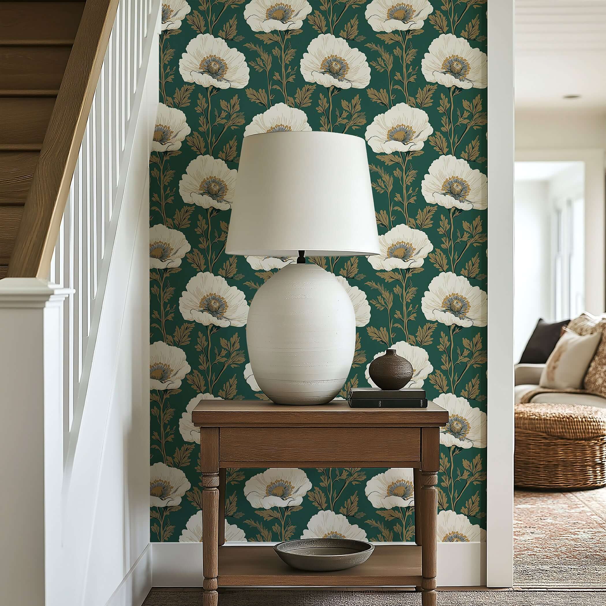 Vintage Poppy Charm wallpaper featuring ivory poppies and gold twigs on dark green background, enhancing vintage and botanical style.
