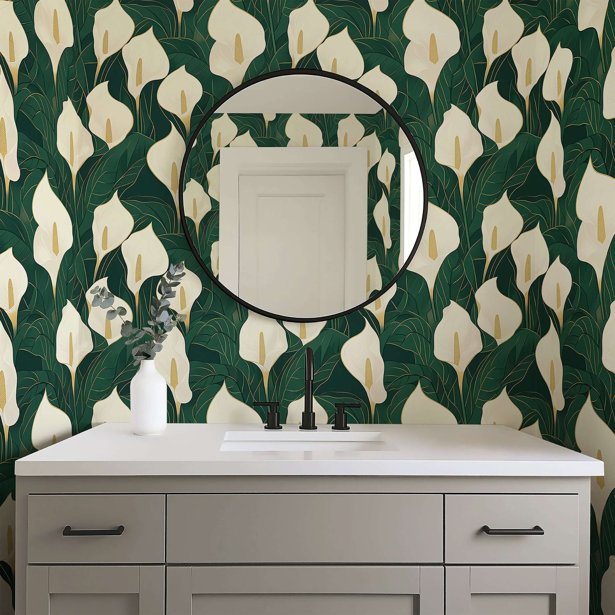 Opulent Calla Lilies Wallpaper with ivory and gold details on emerald green, highlighting a modern design for contemporary spaces.