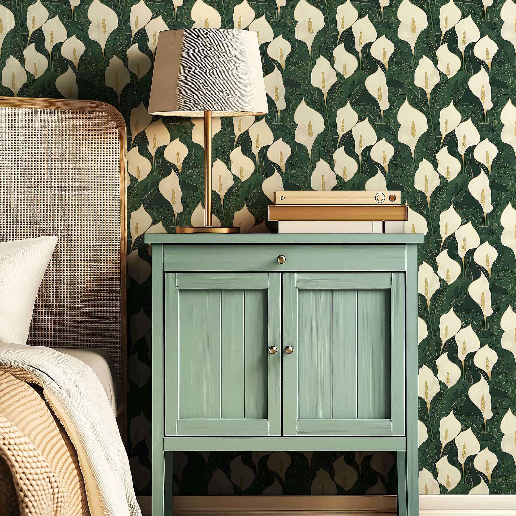 Luxurious bedroom featuring Opulent Calla Lilies wallpaper with ivory flowers and emerald background, modern contemporary design.