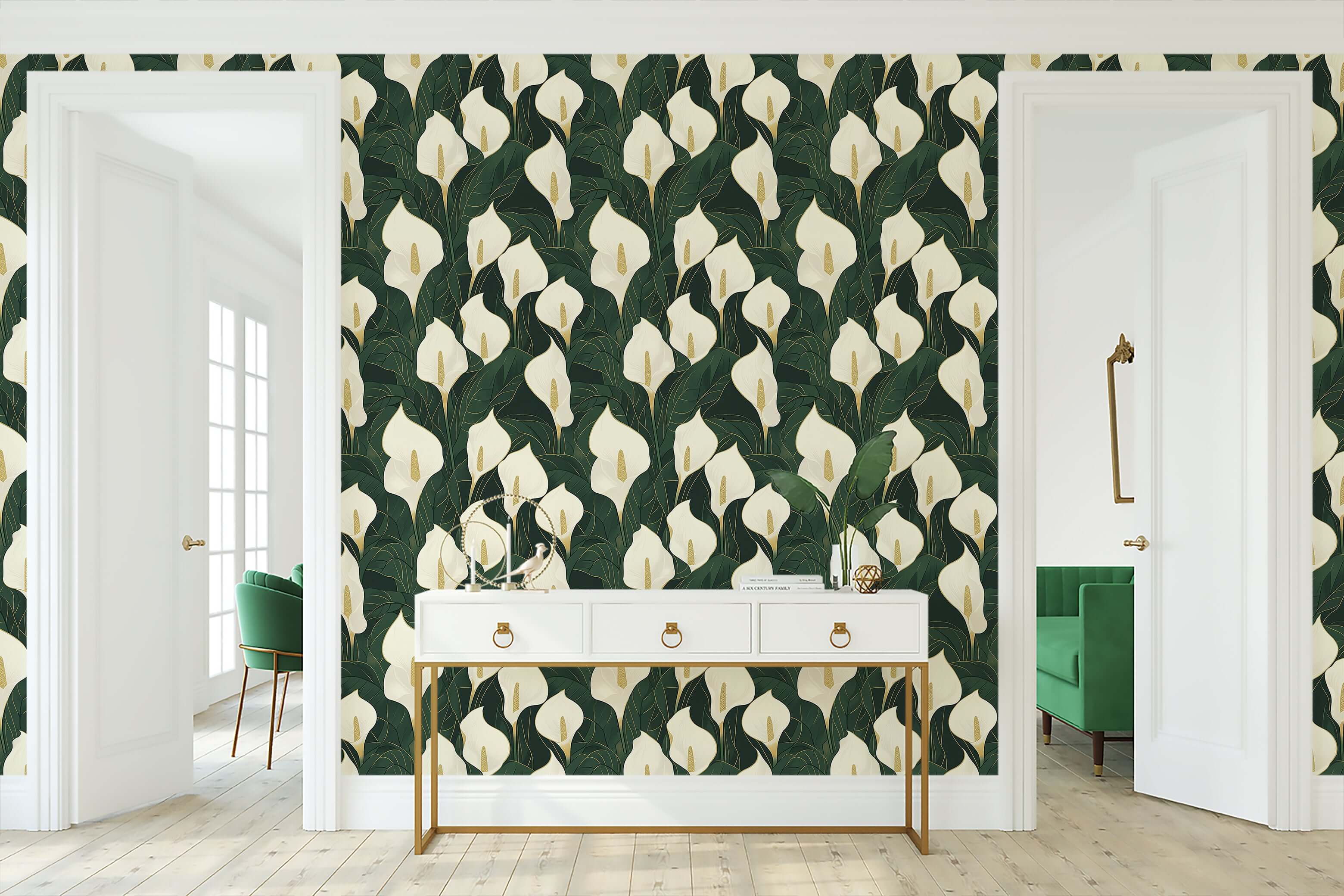 Opulent calla lilies wallpaper featuring ivory flowers and golden details on a deep green background, ideal for modern, contemporary spaces.