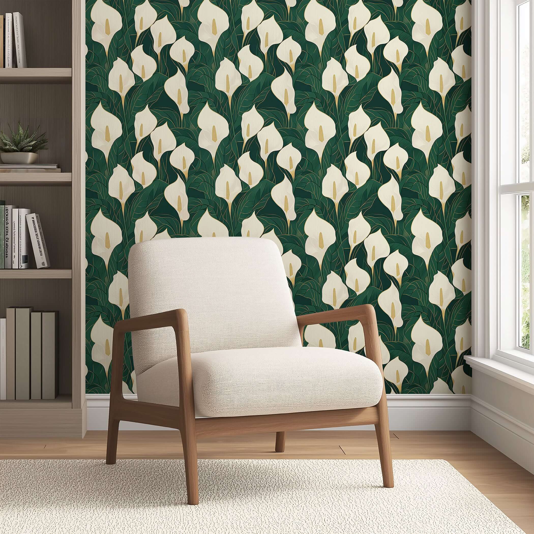 Opulent Calla Lilies wallpaper featuring ivory and gold lilies with a modern design on a deep green background behind an armchair.