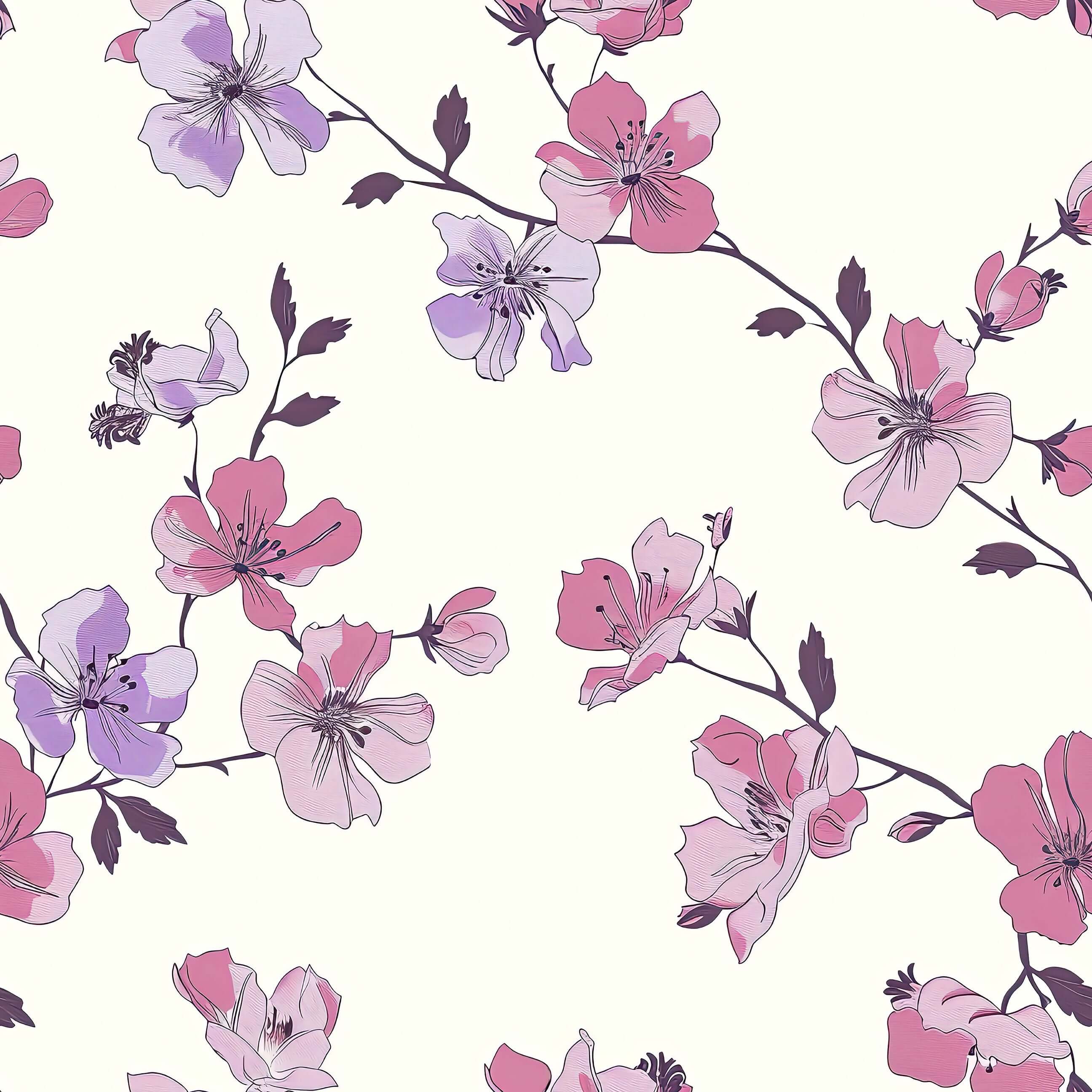 Botanical Blush wallpaper with pink and lilac floral design on light background; modern, contemporary, botanical elegance.