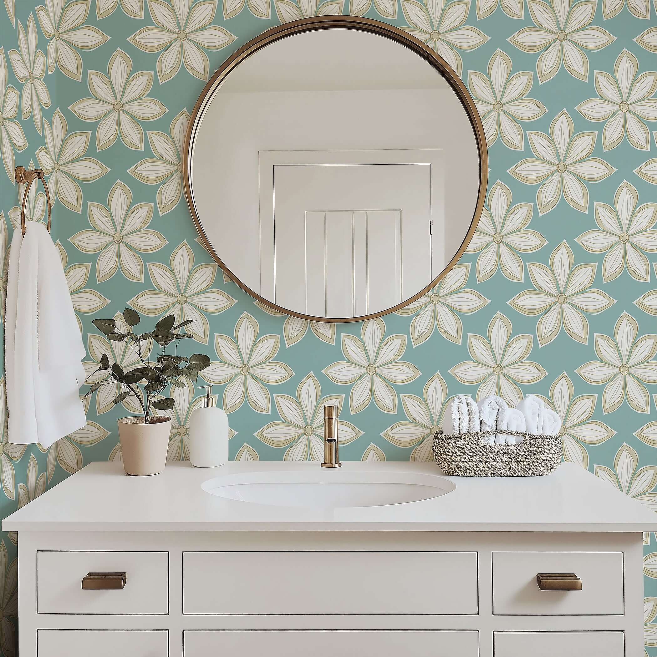 Mid-century modern wallpaper with ivory and gold flowers on teal background in bathroom.