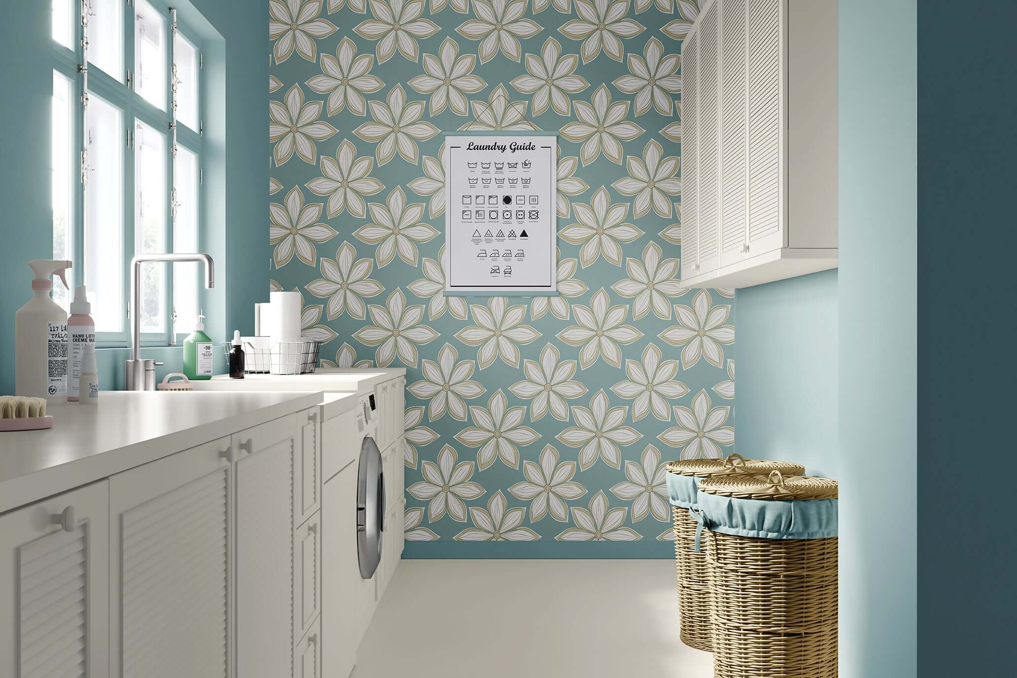 Mid-century modern wallpaper with large white flowers on a teal background, bringing retro charm to a stylish laundry room.