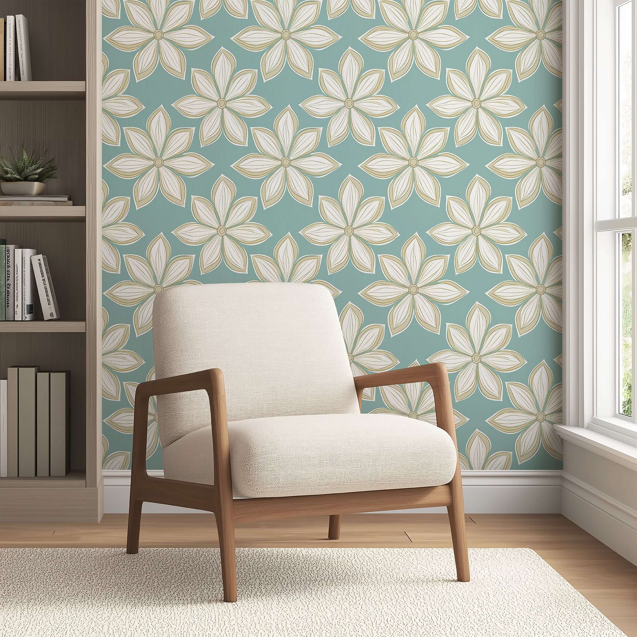 Mid-century modern wallpaper with white flowers on teal, adding retro flair to a room with a beige armchair.
