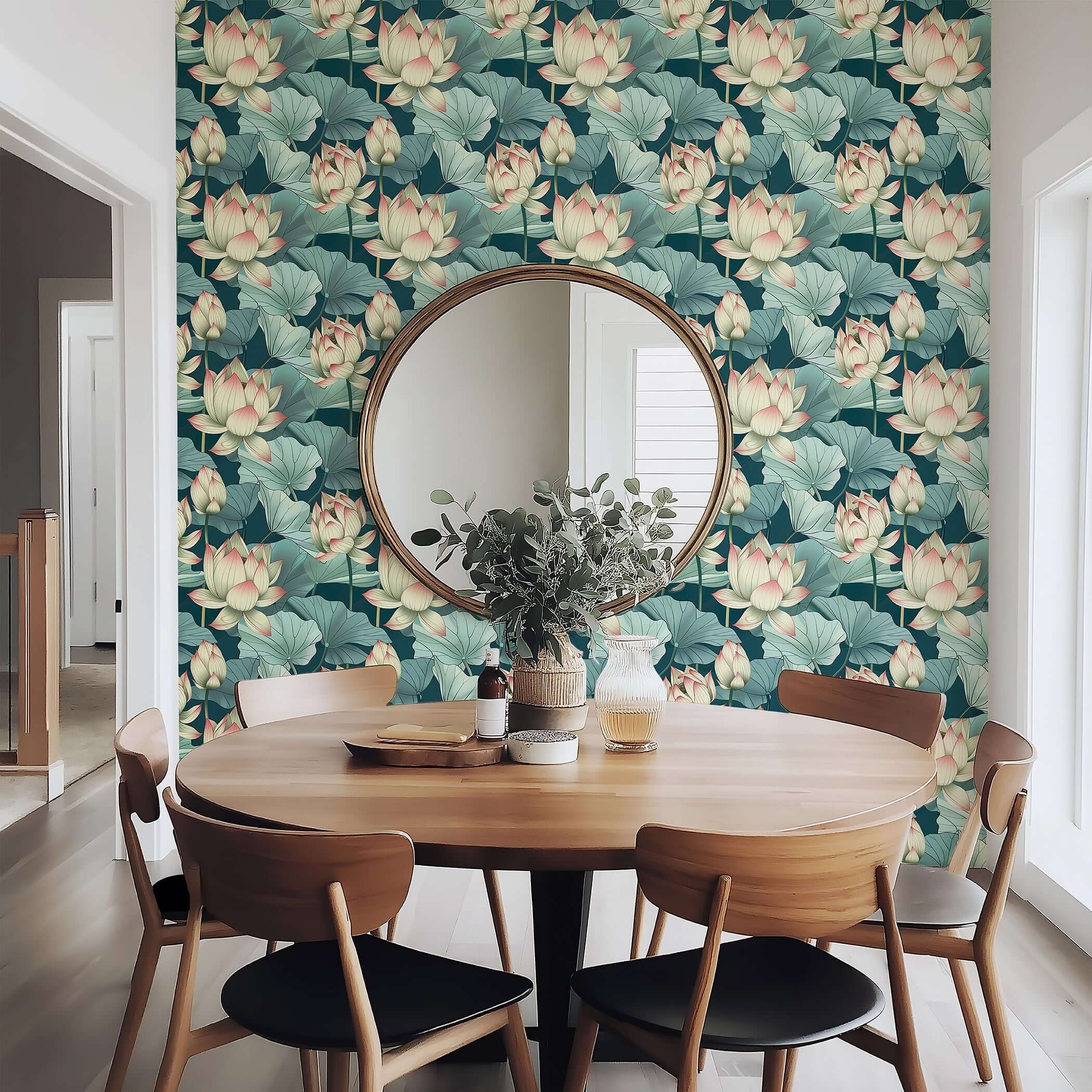 Modern dining area with Tranquil Lotus Waters wallpaper, featuring green, white lotus flowers and lily pads for a contemporary look.