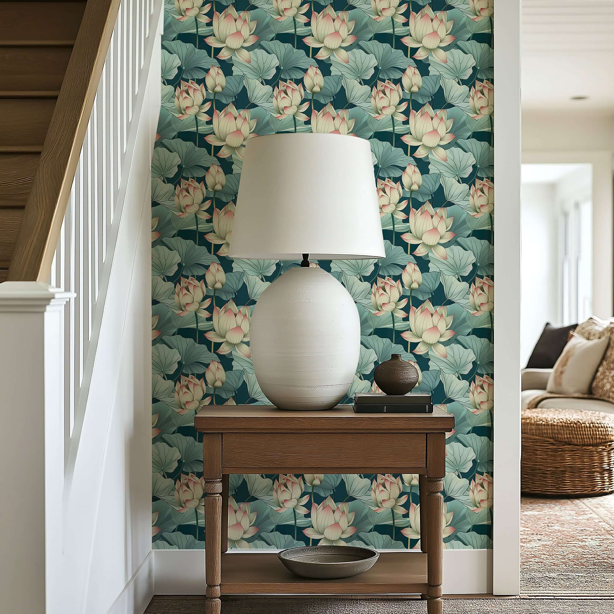 Modern lotus flowers wallpaper with serene lily pond, featuring green and white hues, creating a tranquil, contemporary space.