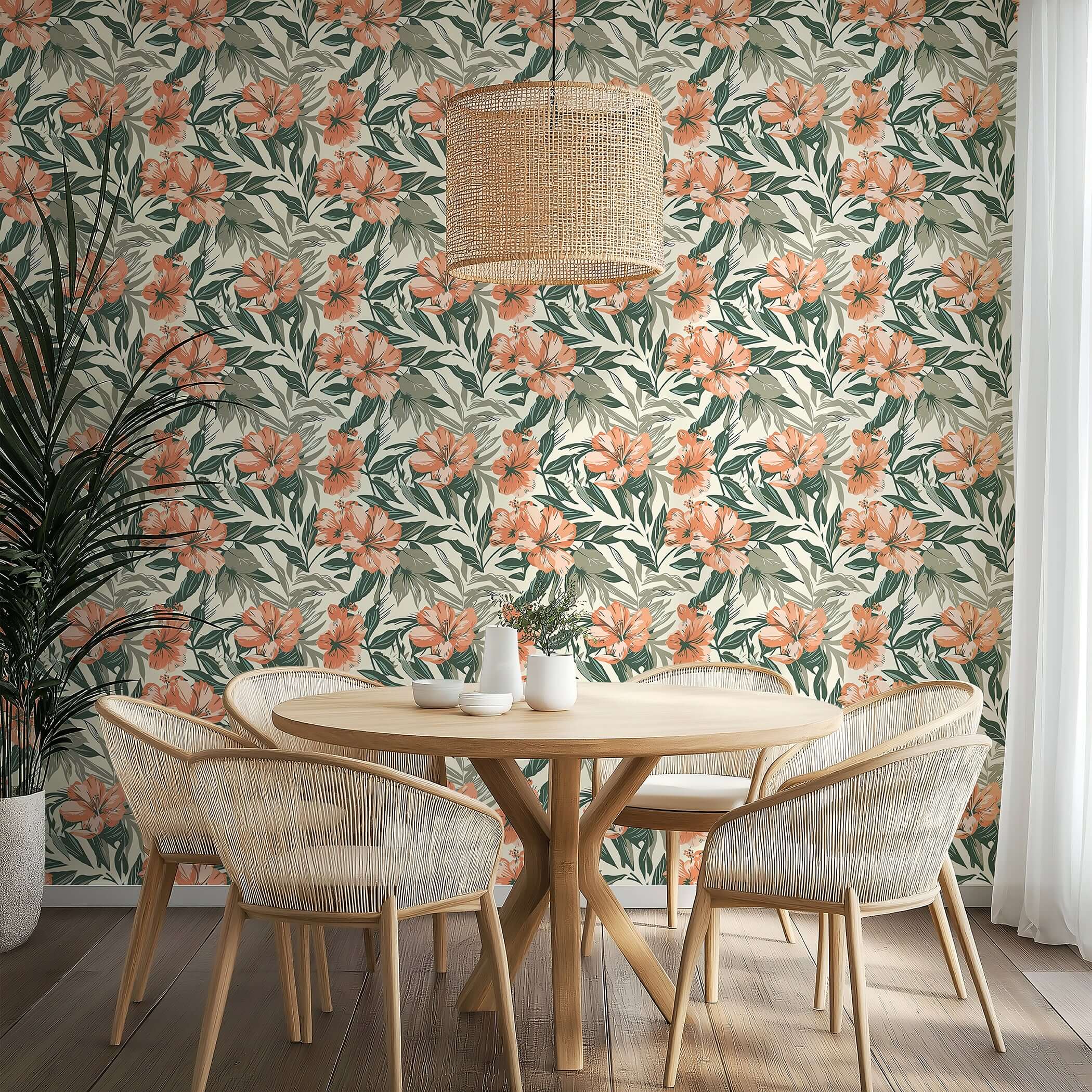 Botanical Breeze wallpaper with coral hibiscus flowers and green foliage, perfect for a coastal and tropical decor.