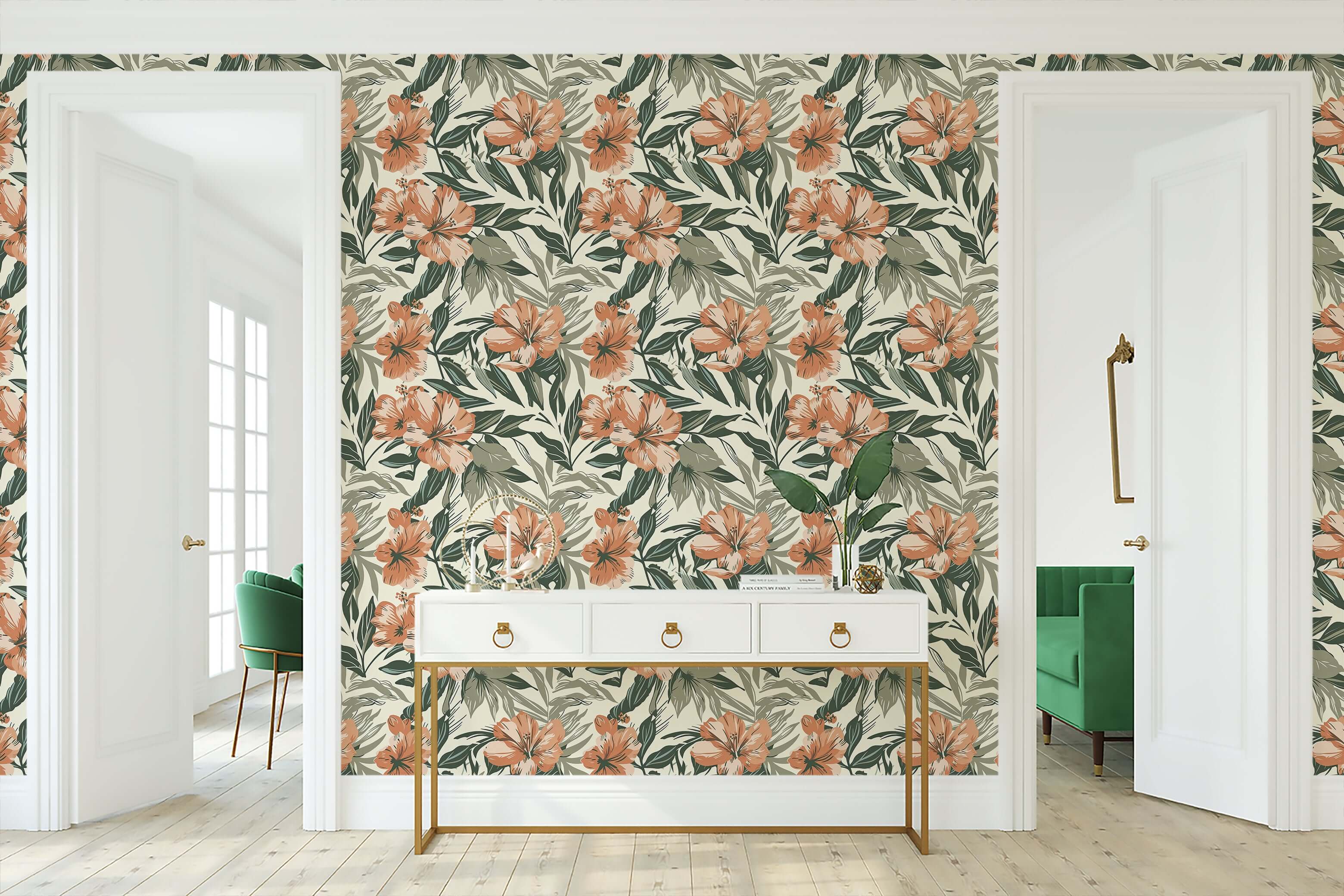 Botanical Breeze tropical wallpaper with coral flowers and green foliage on neutral backdrop, perfect for coastal and living areas.
