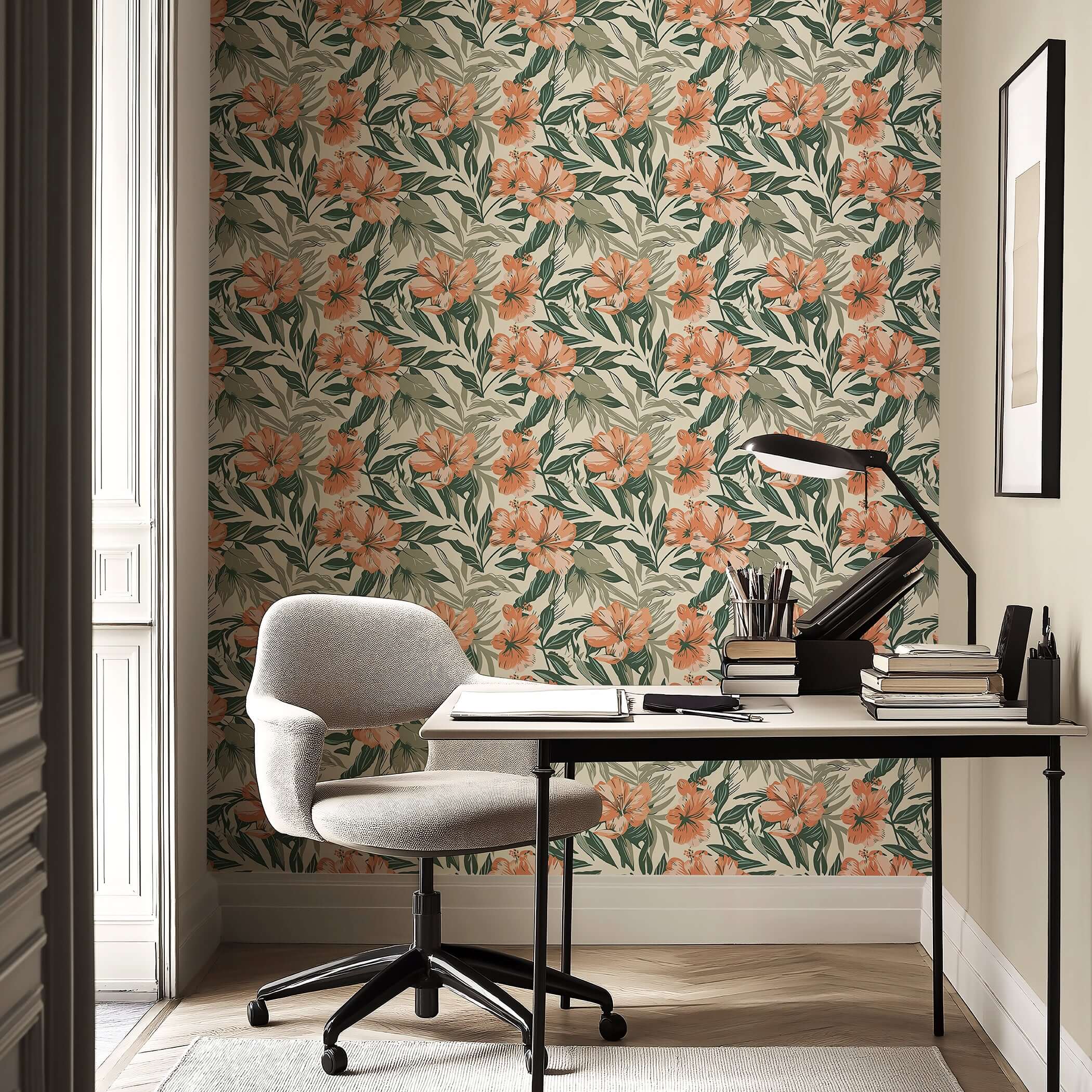Botanical Breeze wallpaper with tropical hibiscus-like flowers in coral and green foliage, perfect for coastal and contemporary spaces.