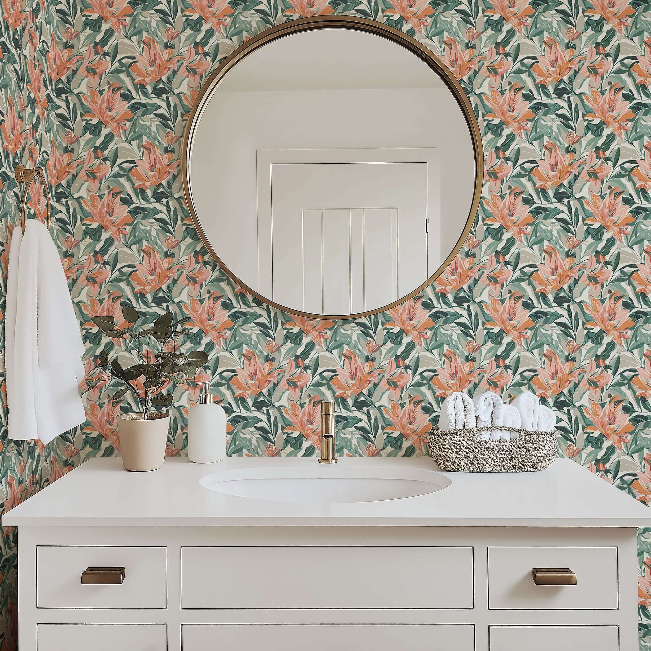 Sunlit Garden wallpaper with coral tropical flowers and green foliage, adding coastal charm to a modern bathroom space.