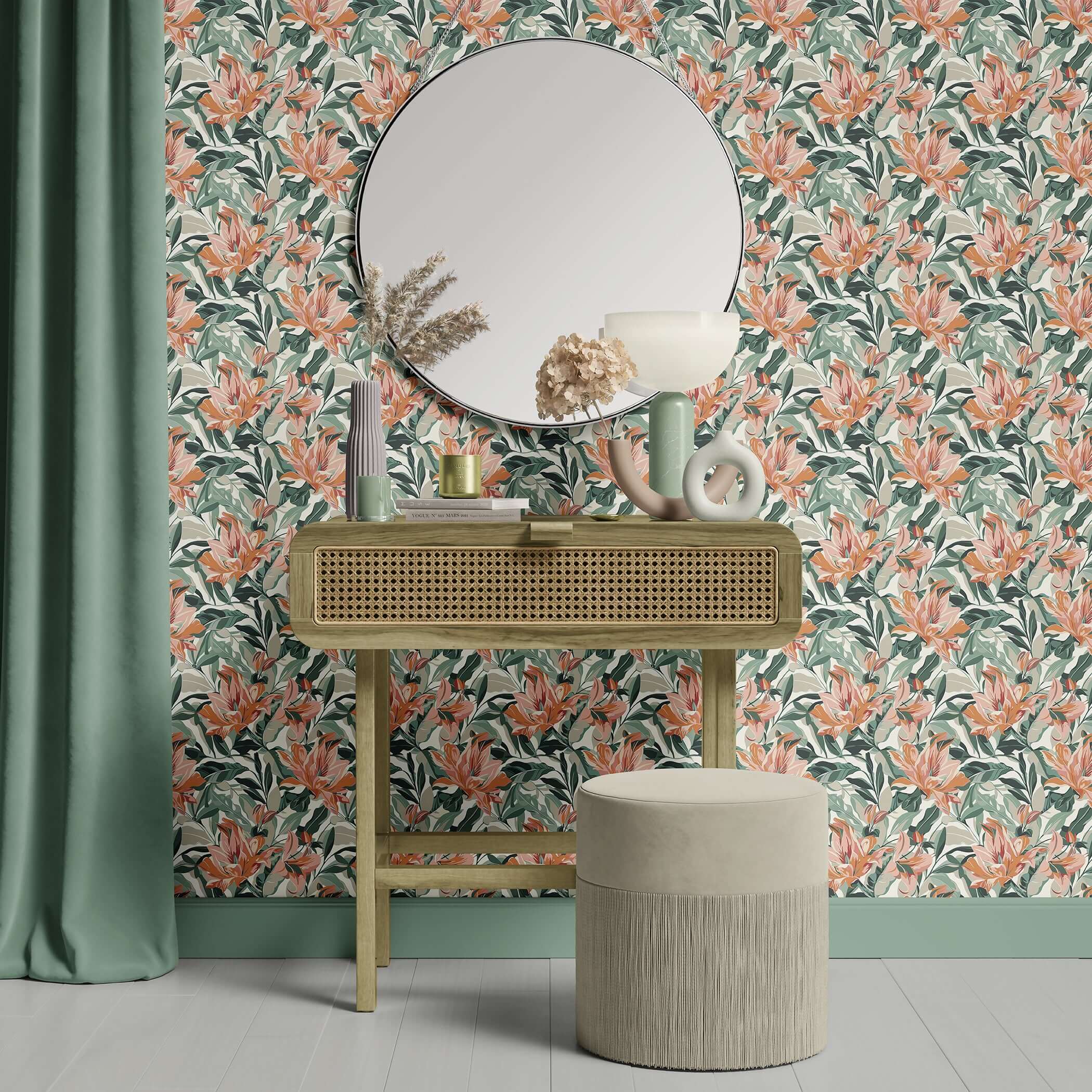 Sunlit Garden wallpaper featuring tropical flowers and botanicals in coral, peach, and green for a coastal, marine-inspired room.