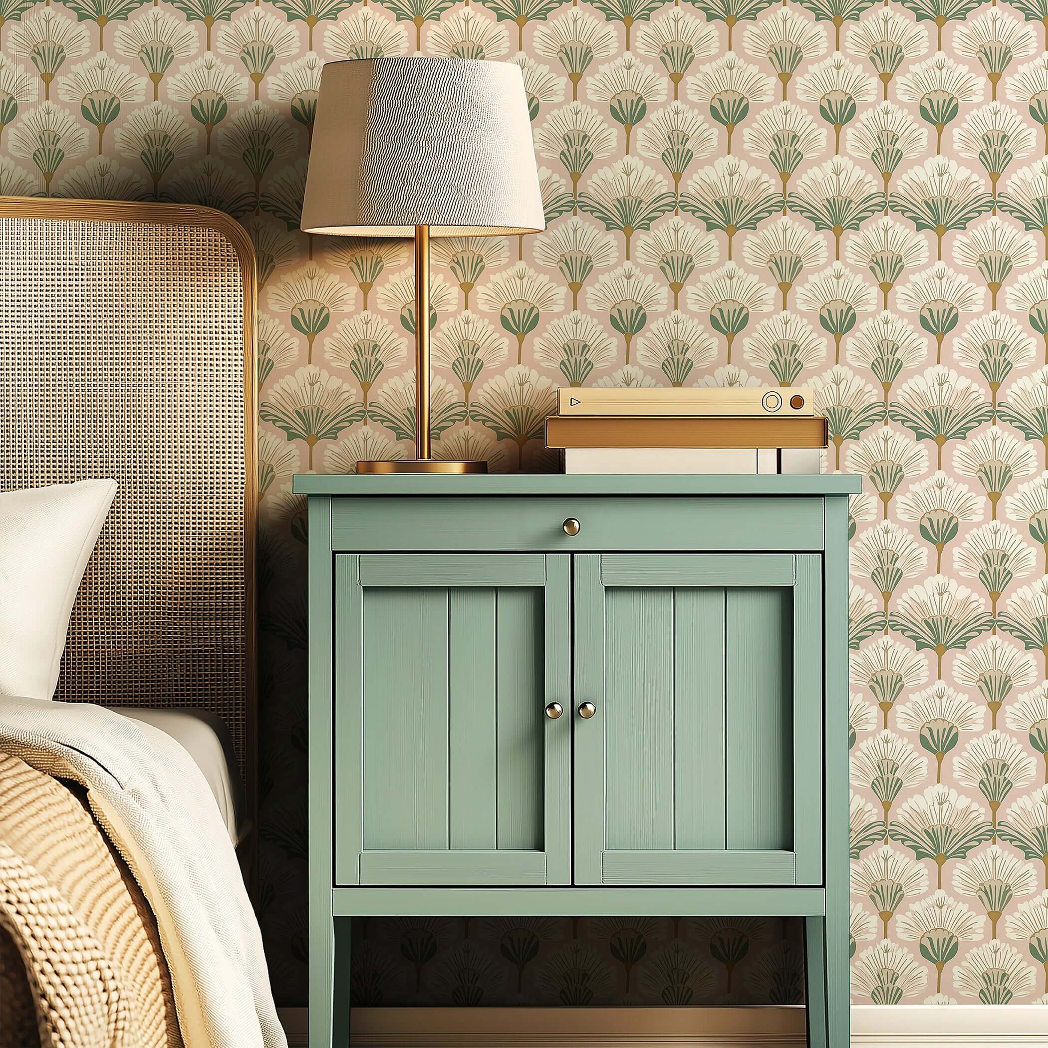 Art Nouveau florals wallpaper in pink, white, and green with fan-shaped flowers, enhancing a bedroom setting with vintage elegance.