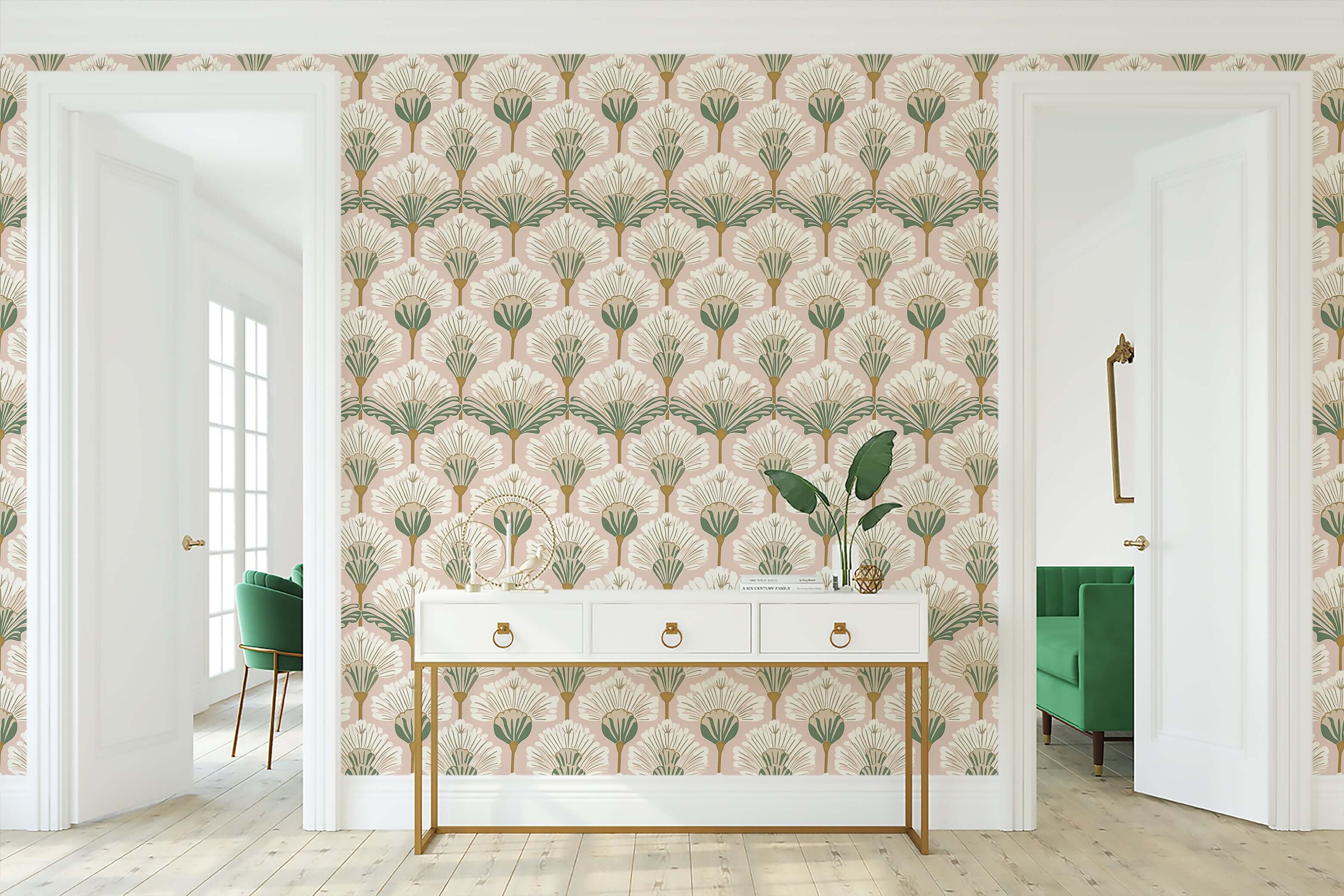 Art Nouveau Flora wallpaper with pink, white, and green floral design in an elegant room, creating a graceful and vintage botanical look.
