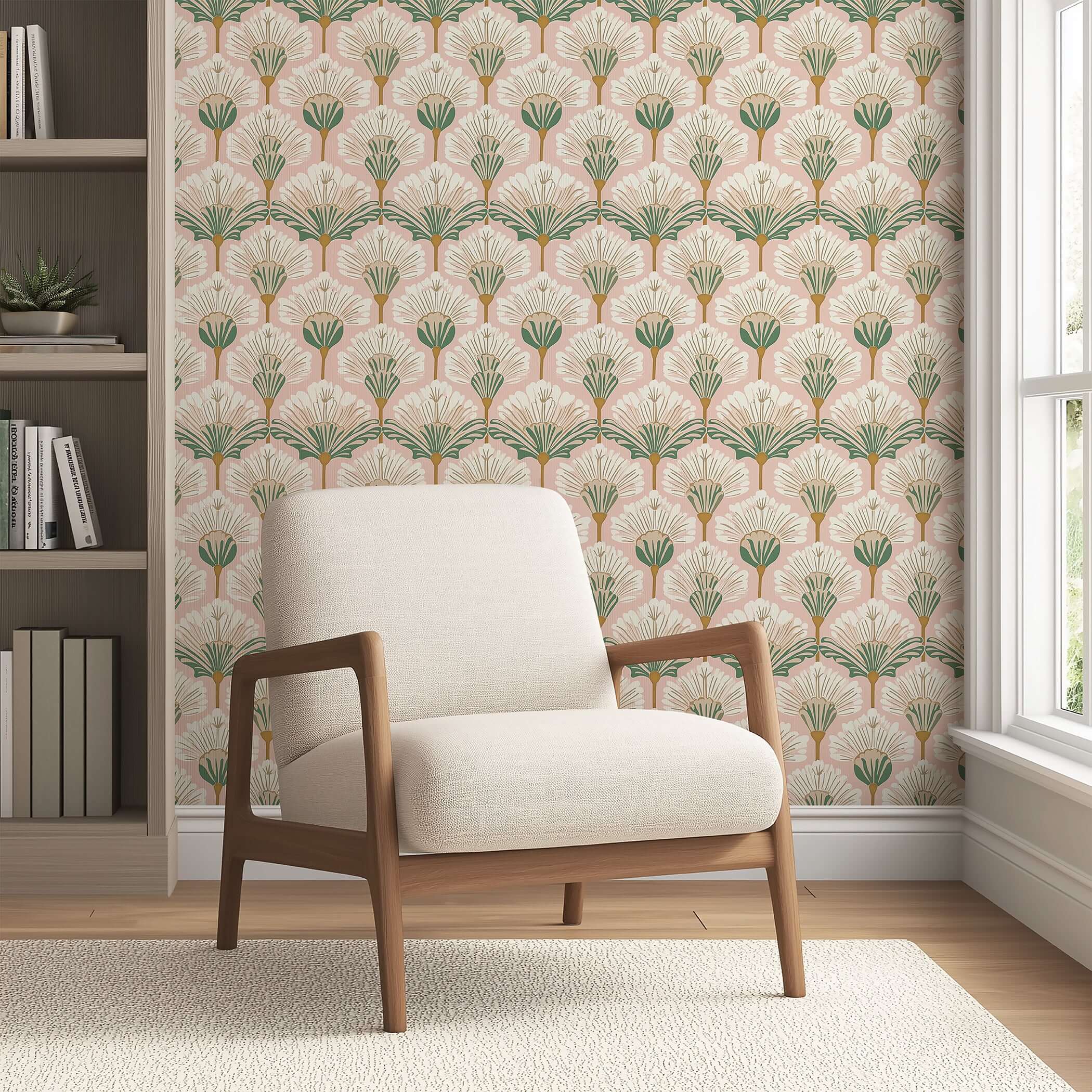 Art Nouveau Flora wallpaper with pink, white, and green floral patterns behind a beige armchair in a modern living room.