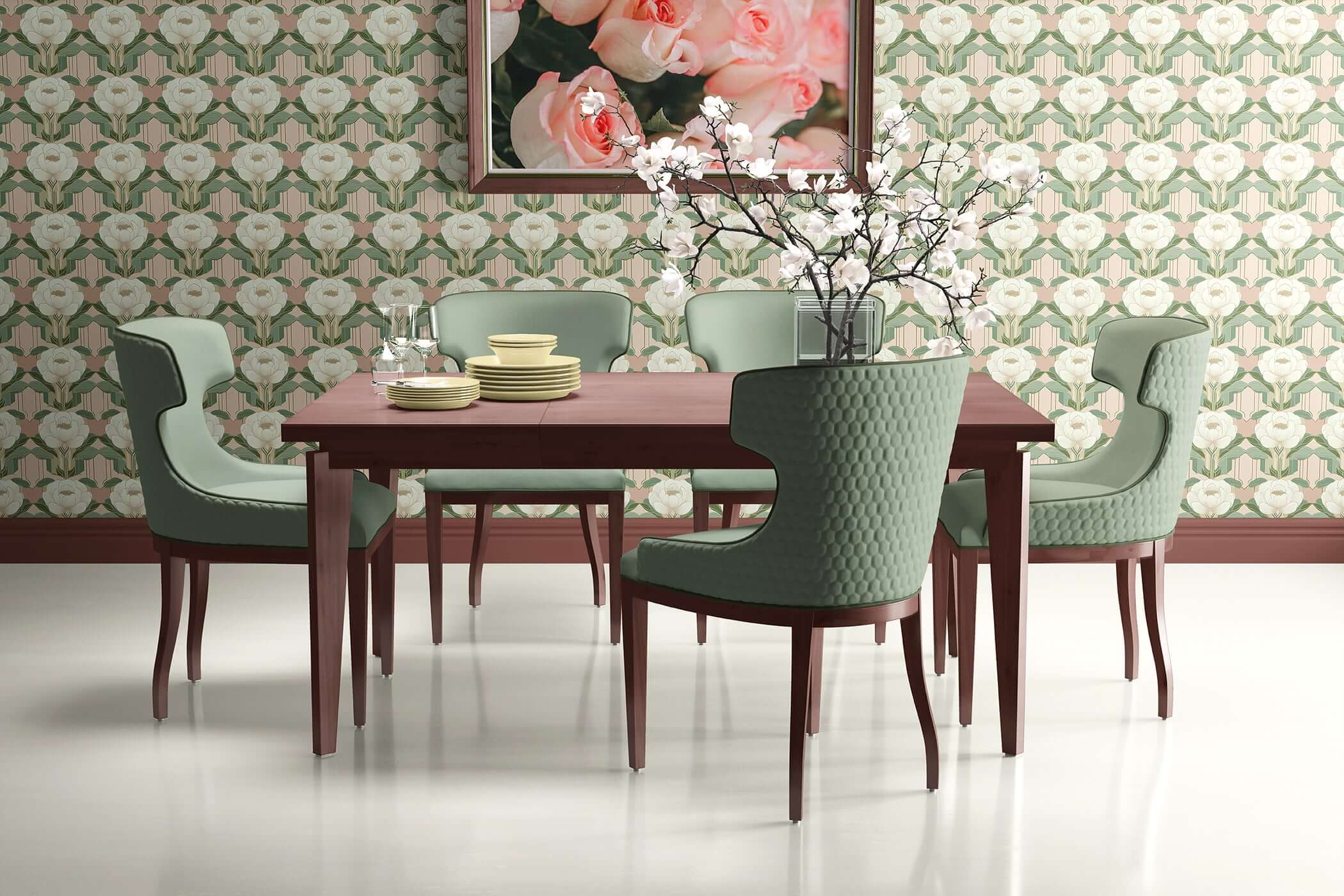 Dining room with Art Deco peony wallpaper, featuring sage green chairs and a wooden table setting, blending floral and geometric design.
