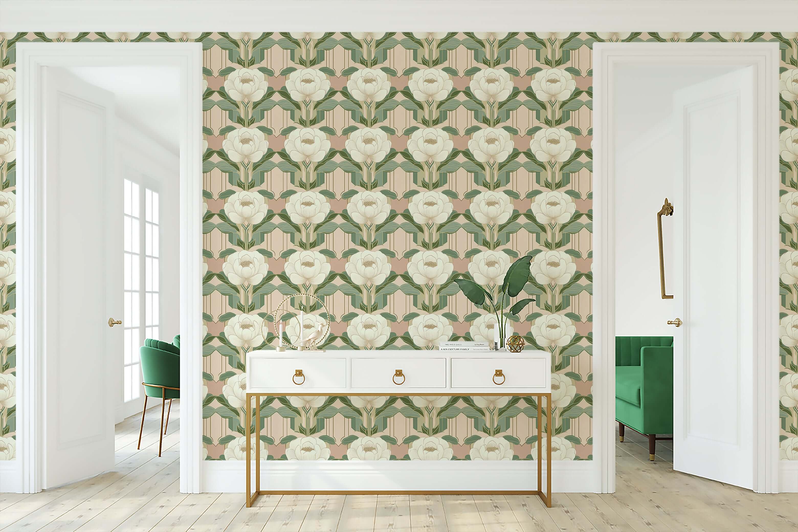Art Deco wallpaper with peony blooms in pink and green tones, featuring floral and geometric patterns for a timeless, elegant look.