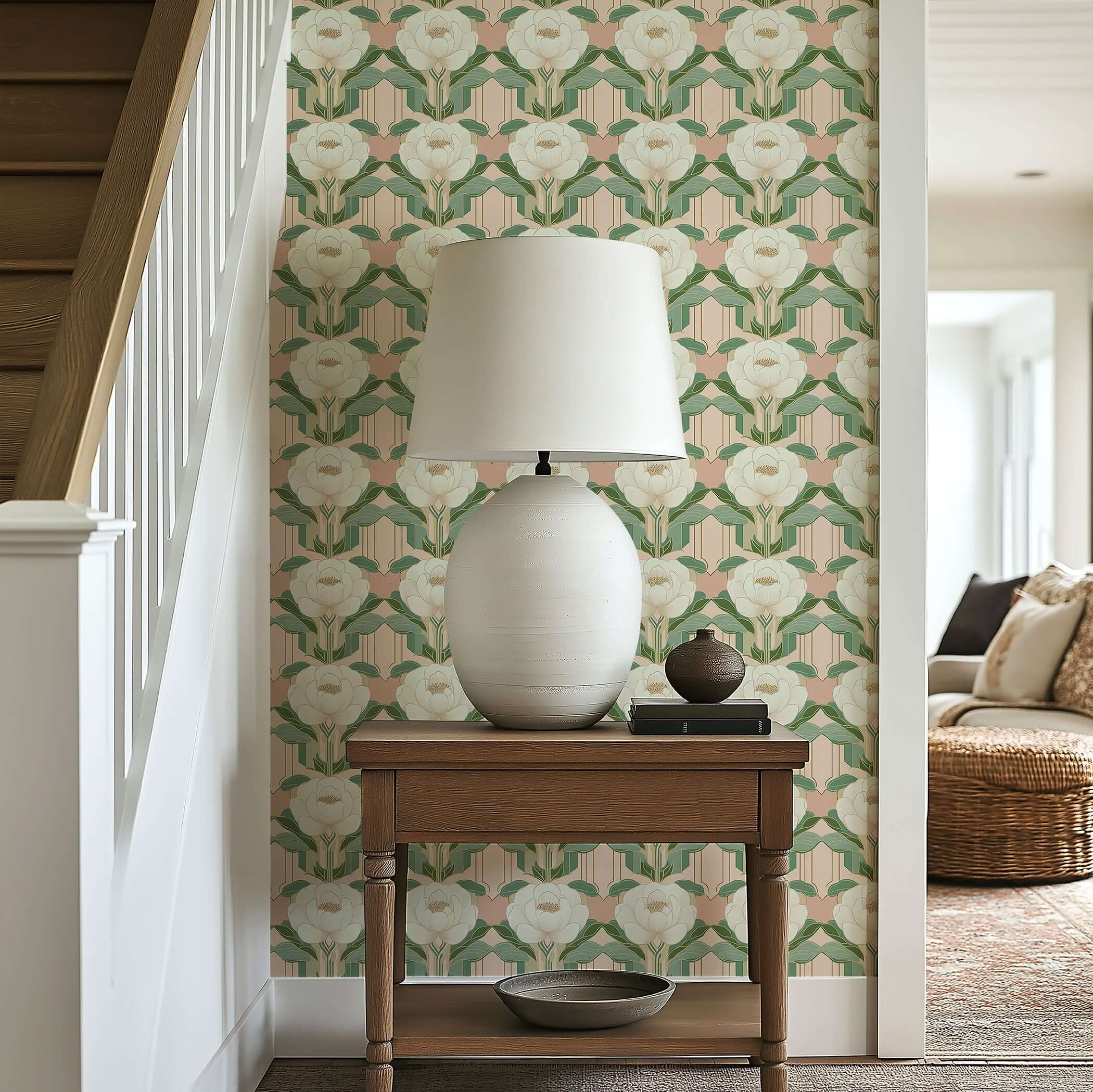 Art Deco peony wallpaper in pink and green with floral and geometric design on a hallway accent wall.